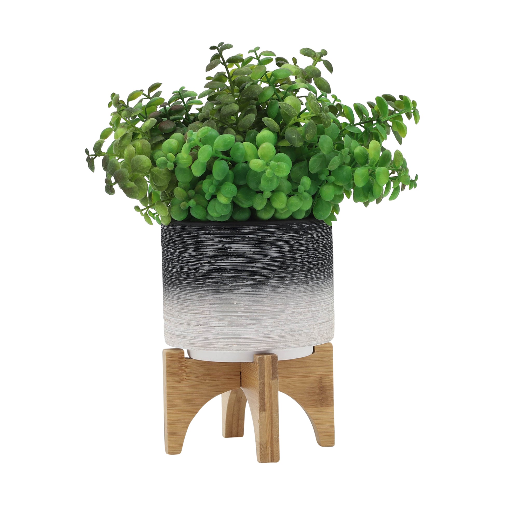 Ceramic 5" Planter On Wooden Stand, Gray Gray Ceramic