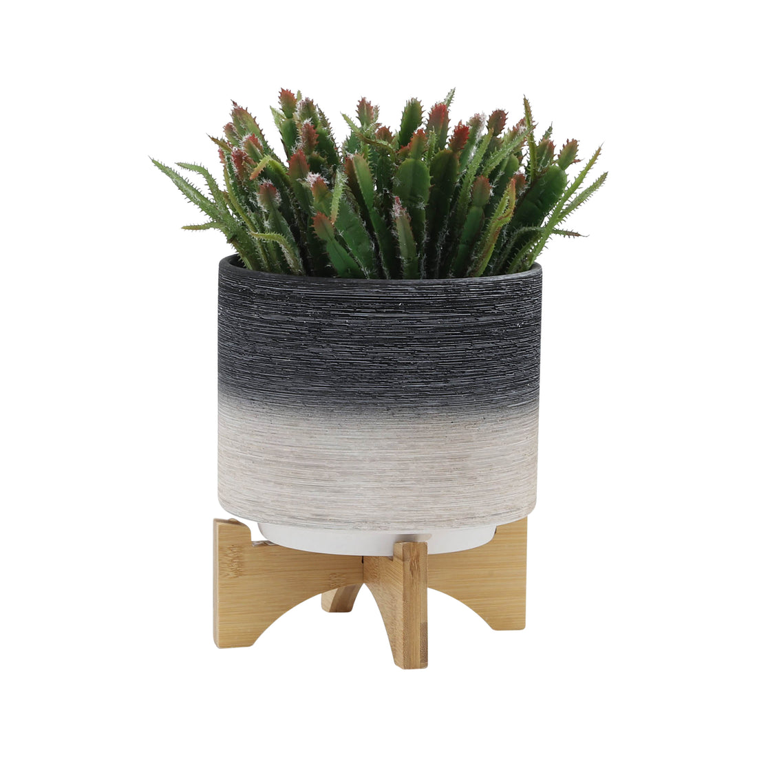 Ceramic, S 2 8 10" Planter On Wooden Stand, Gray Gray Ceramic