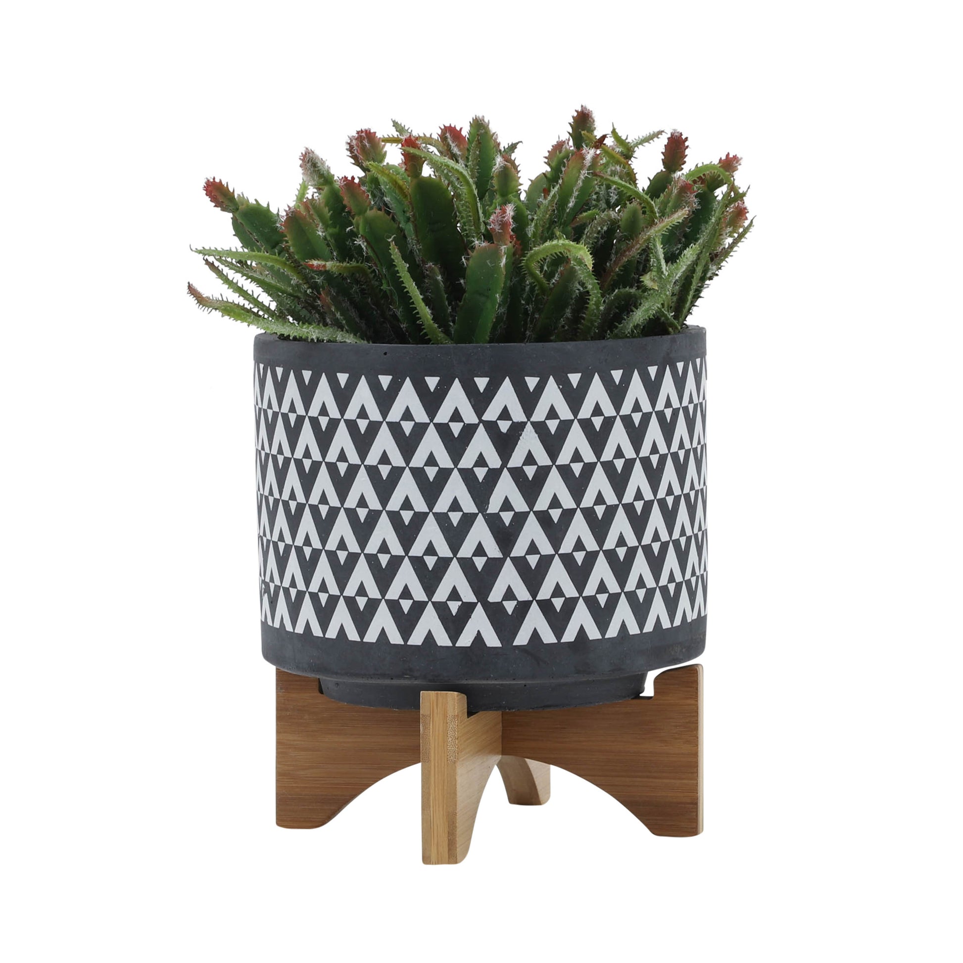 Ceramic 8" Aztec Planter On Wooden Stand, Gray Gray Ceramic