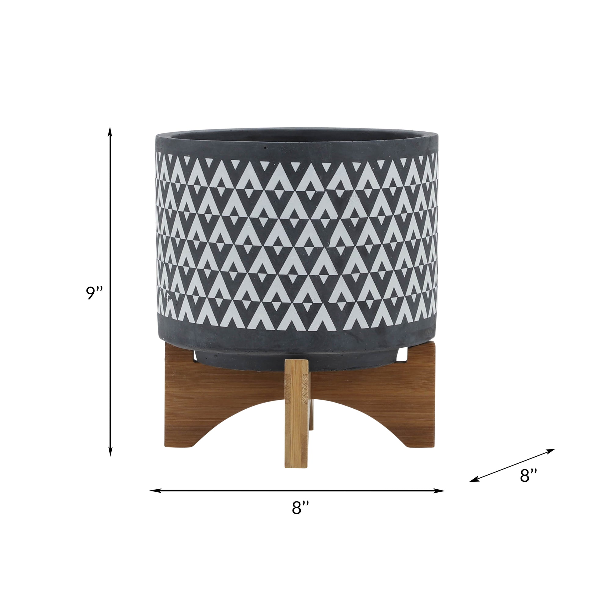 Ceramic 8" Aztec Planter On Wooden Stand, Gray Gray Ceramic