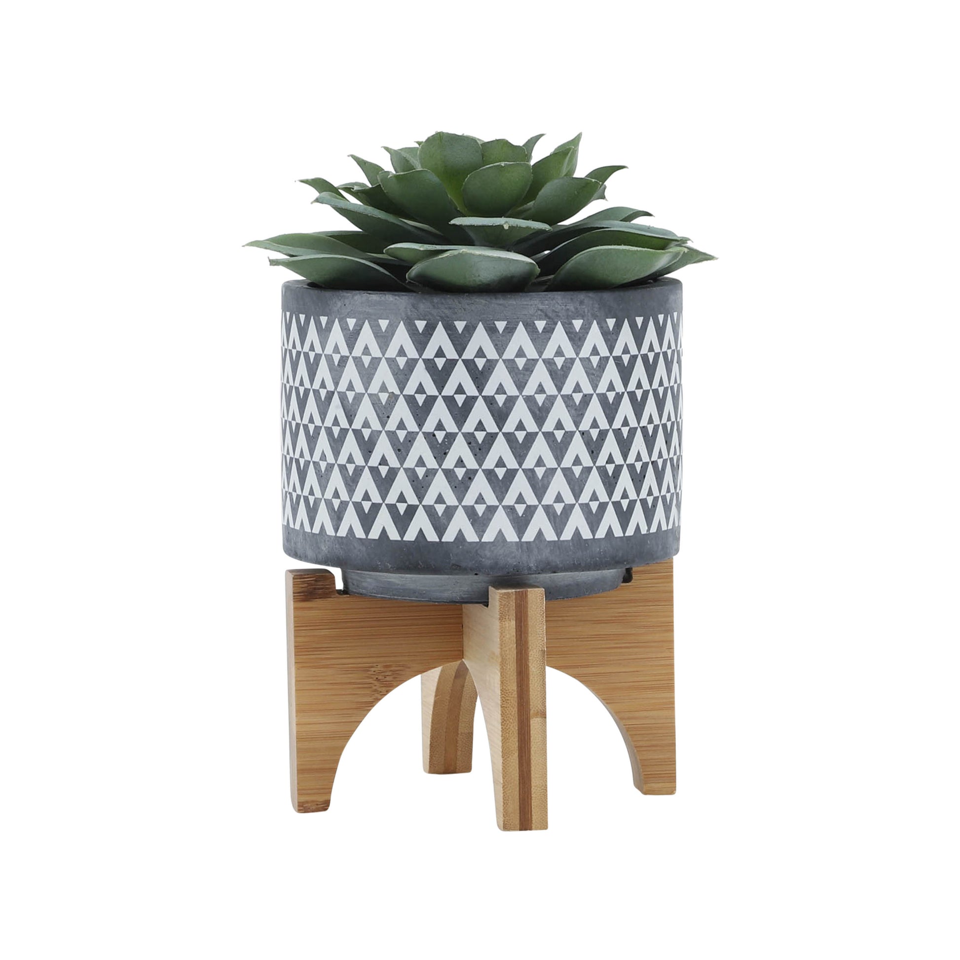 Ceramic 5" Aztec Planter On Wooden Stand, Gray Gray Ceramic