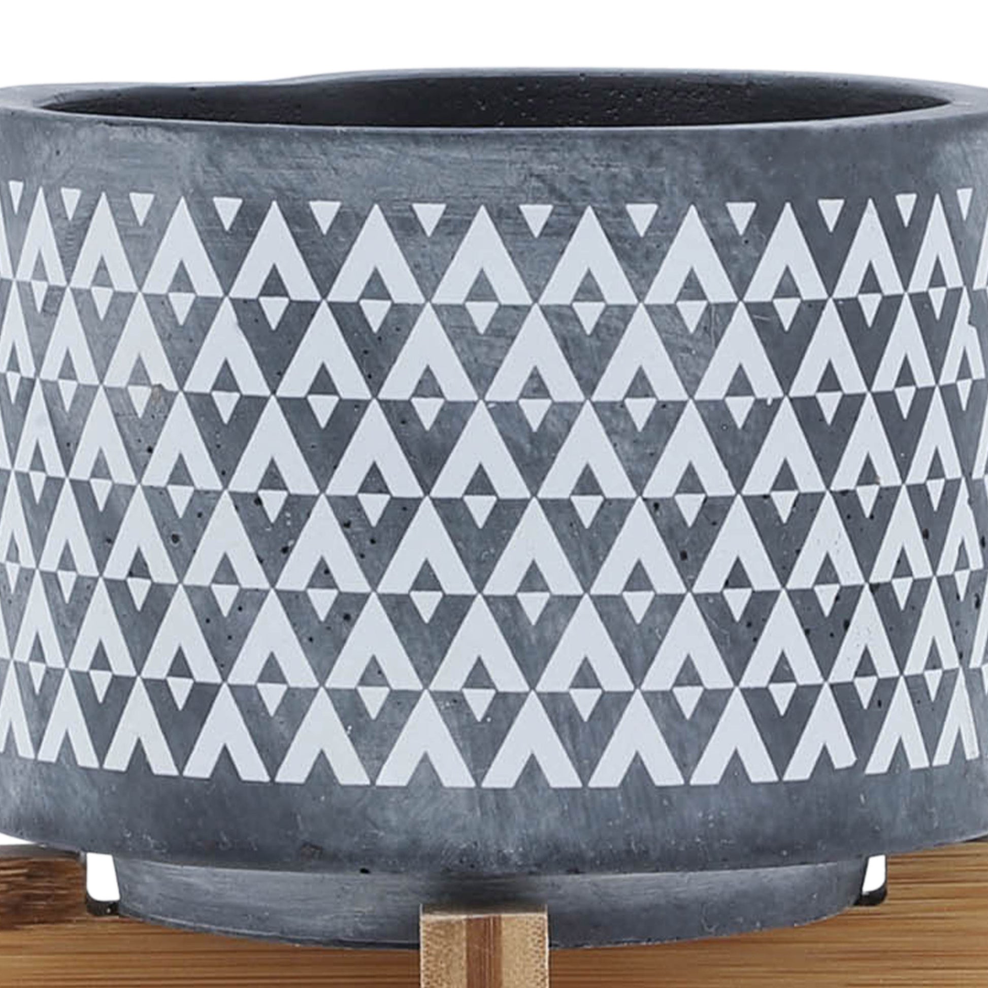 Ceramic 5" Aztec Planter On Wooden Stand, Gray Gray Ceramic