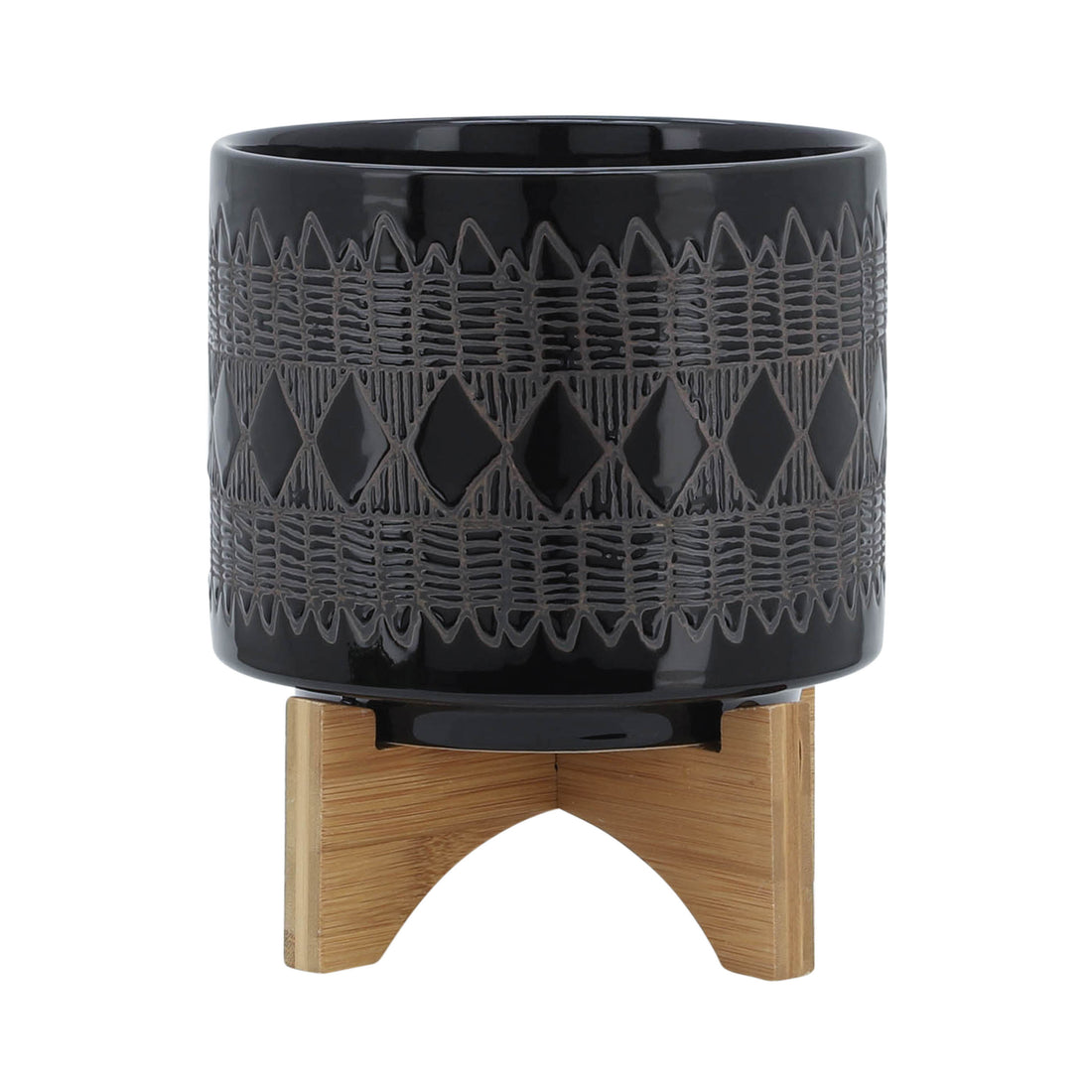 Ceramic 8" Aztec Planter On Wooden Stand, Black Black Ceramic