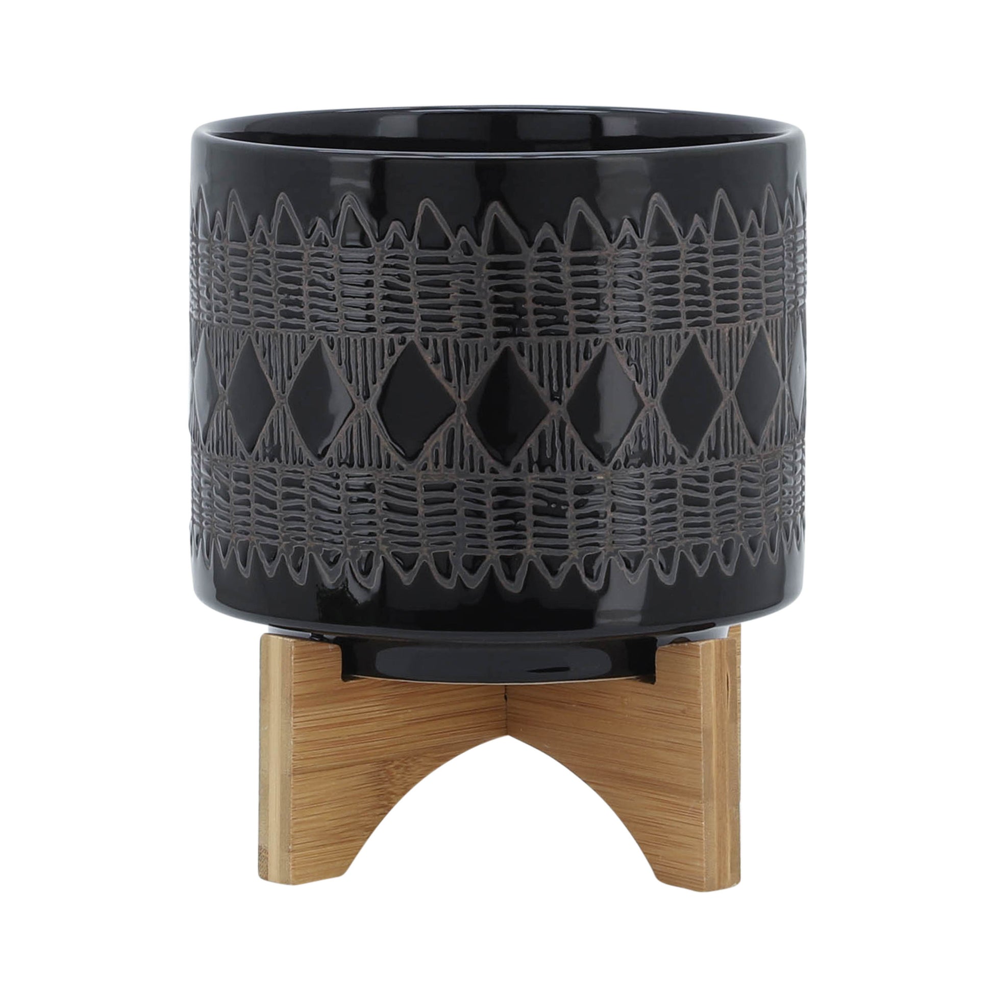 Ceramic 8" Aztec Planter On Wooden Stand, Black Black Ceramic