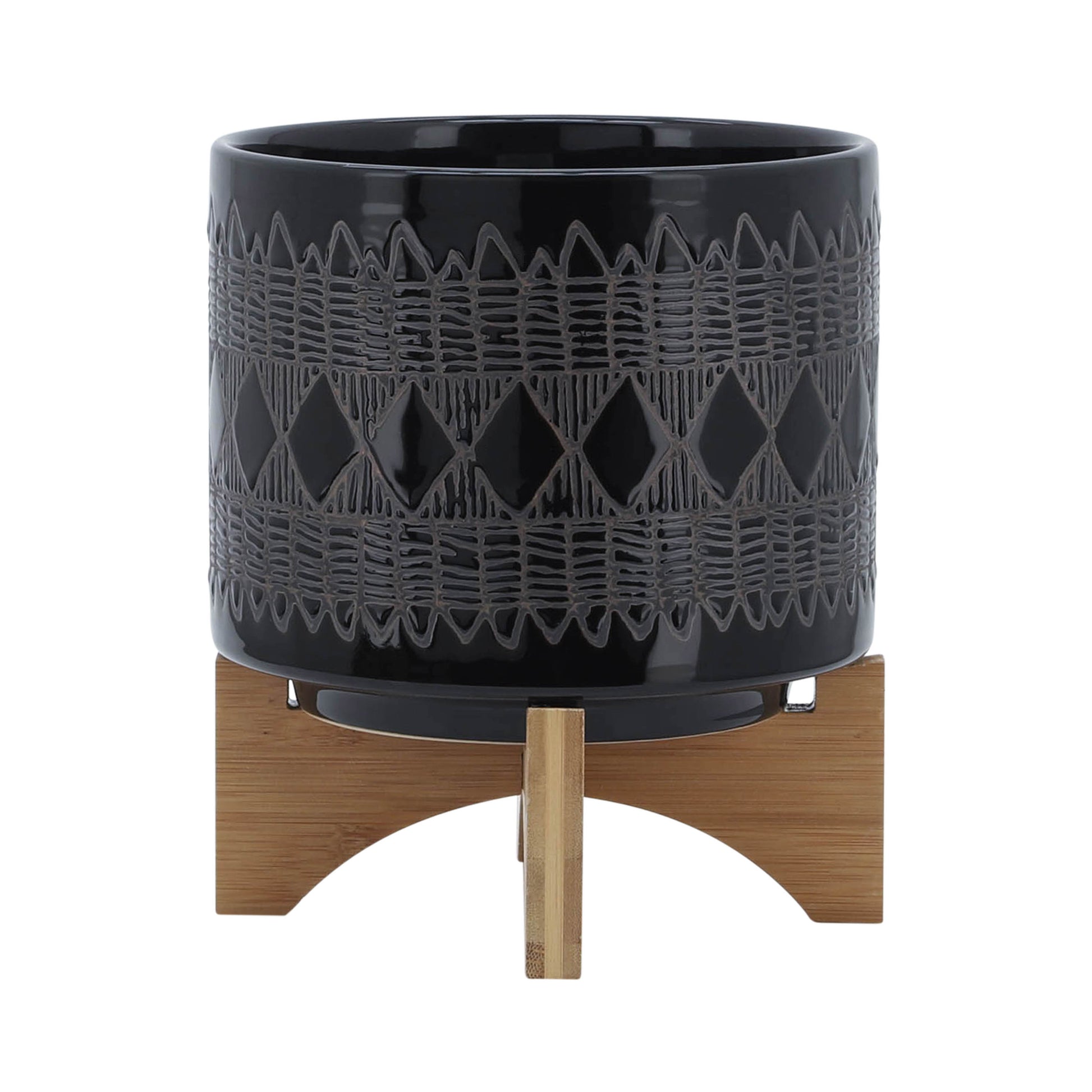 Ceramic 8" Aztec Planter On Wooden Stand, Black Black Ceramic