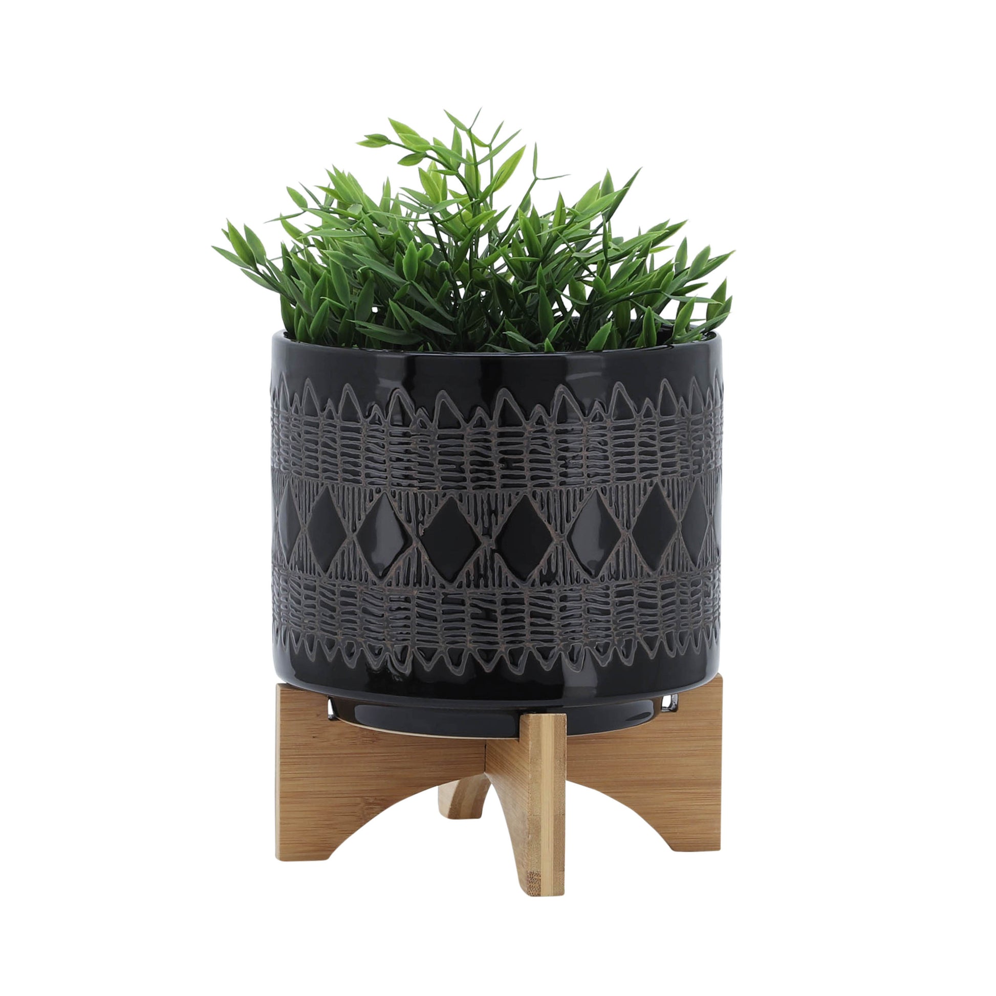 Ceramic 8" Aztec Planter On Wooden Stand, Black Black Ceramic