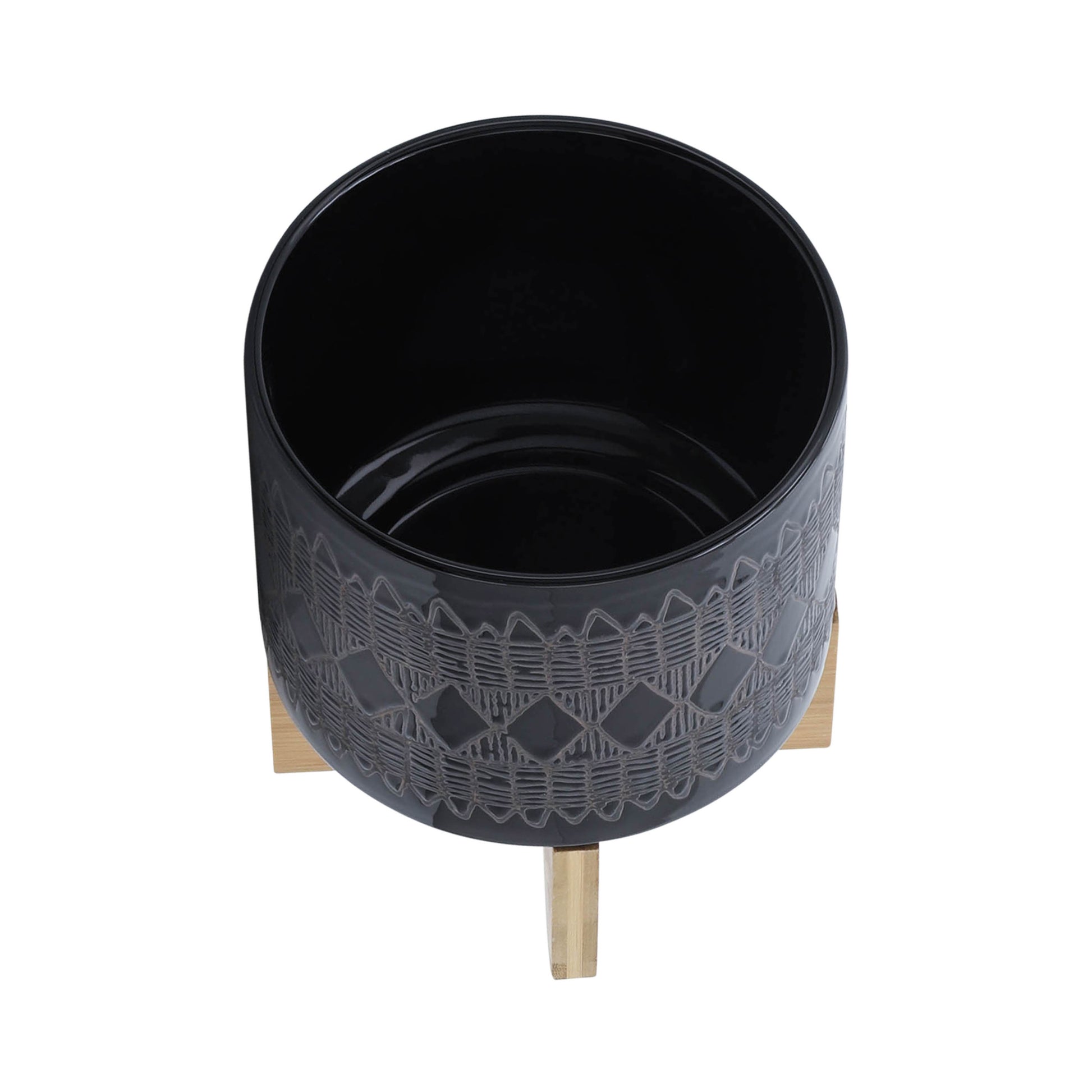 Ceramic 8" Aztec Planter On Wooden Stand, Black Black Ceramic