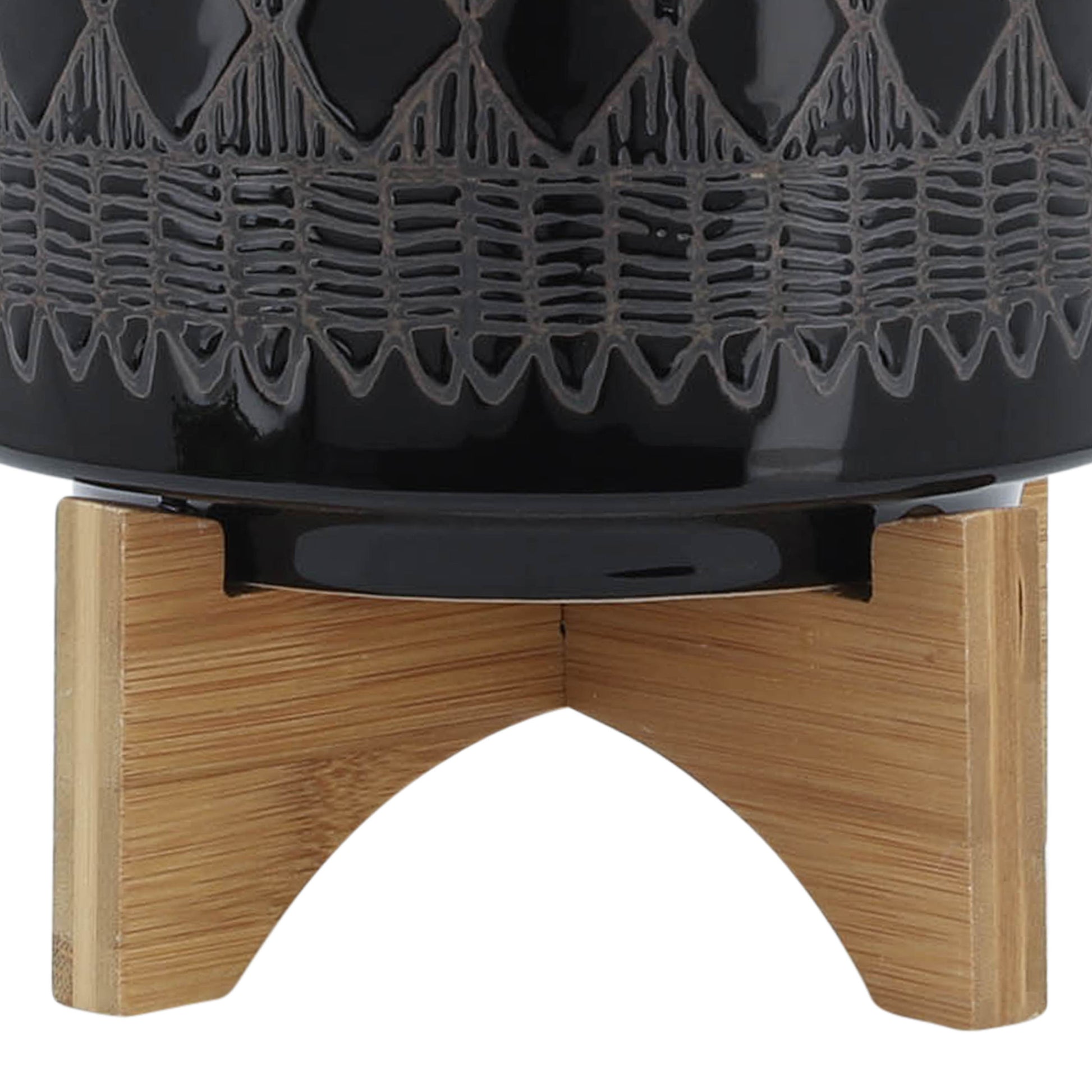 Ceramic 8" Aztec Planter On Wooden Stand, Black Black Ceramic