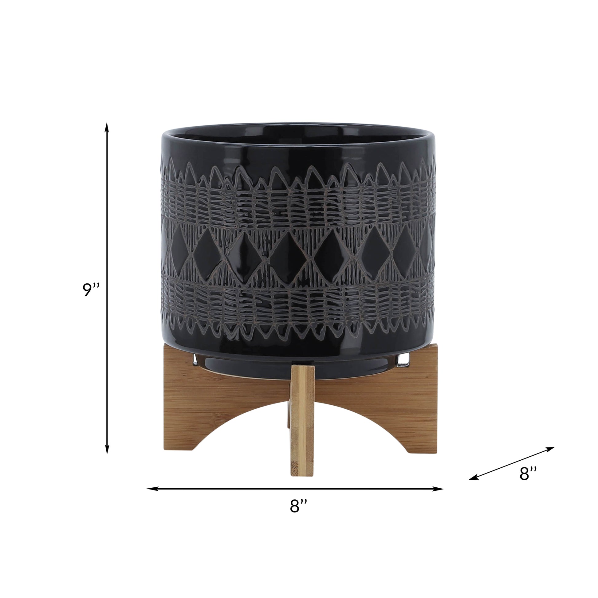 Ceramic 8" Aztec Planter On Wooden Stand, Black Black Ceramic