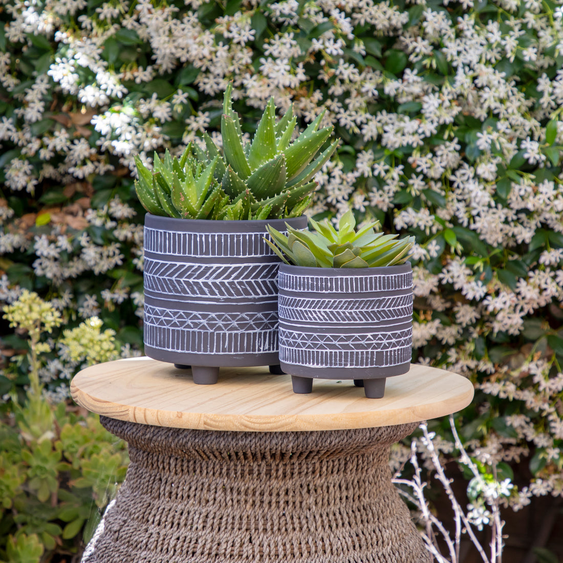 S 2 Tribal Look Footed Planter 6 8", Black Black Ceramic