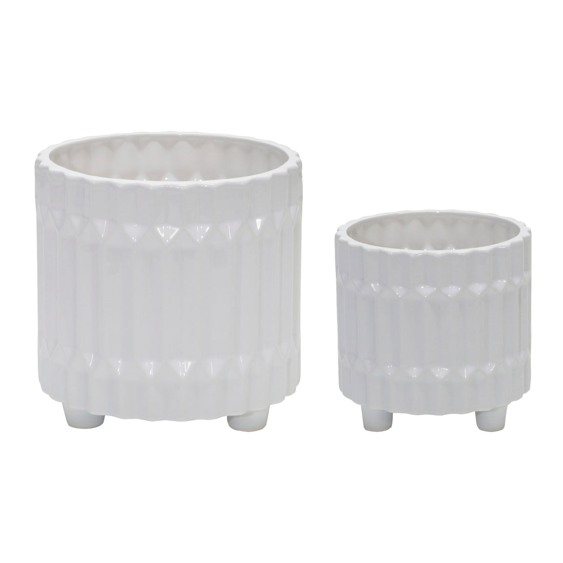 S 2 Ceramic Fluted Planter W Feet 6 8", White White Ceramic