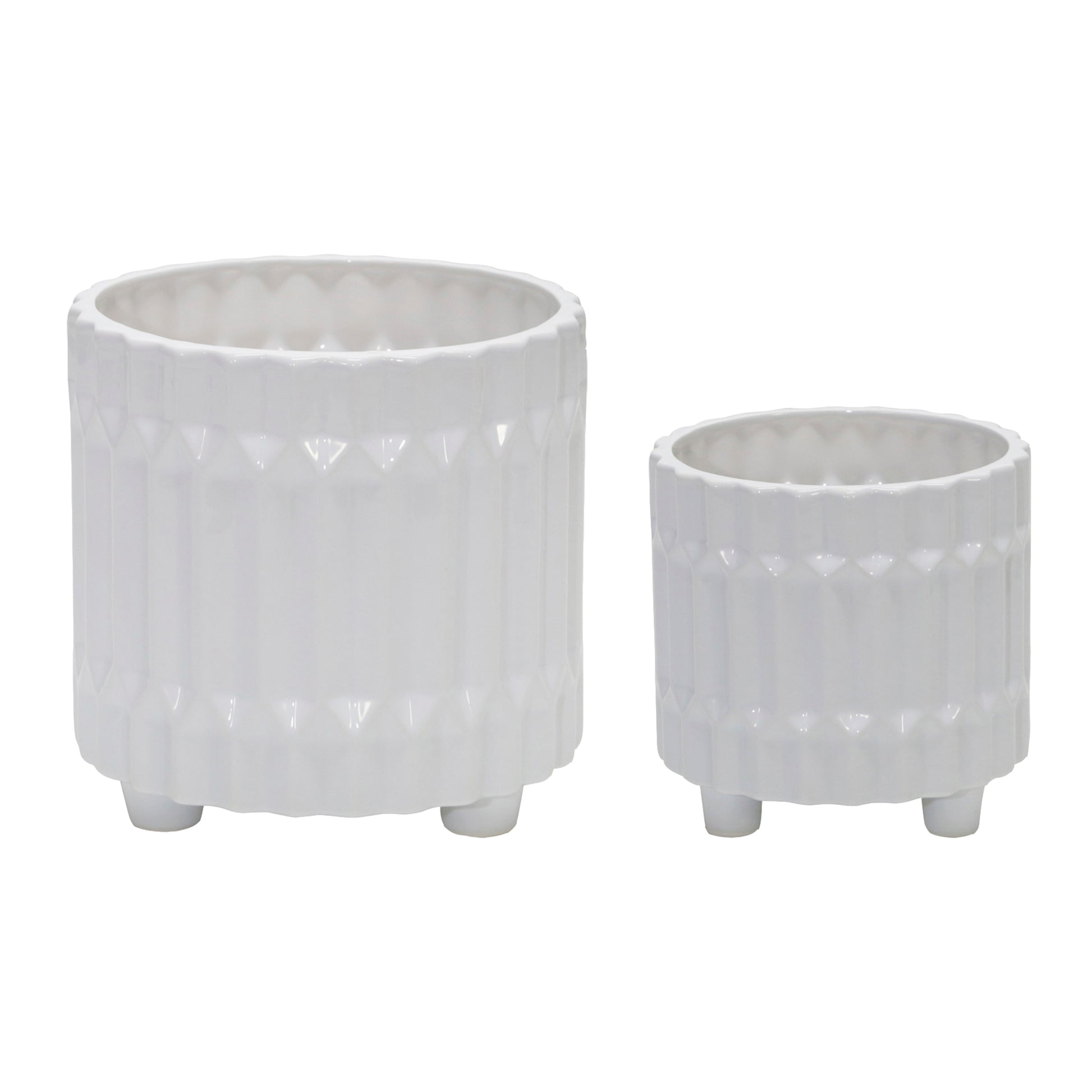 S 2 Ceramic Fluted Planter W Feet 6 8", White White Ceramic