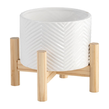 6" Ceramic Chevron Planter W Wood Stand, White White Ceramic