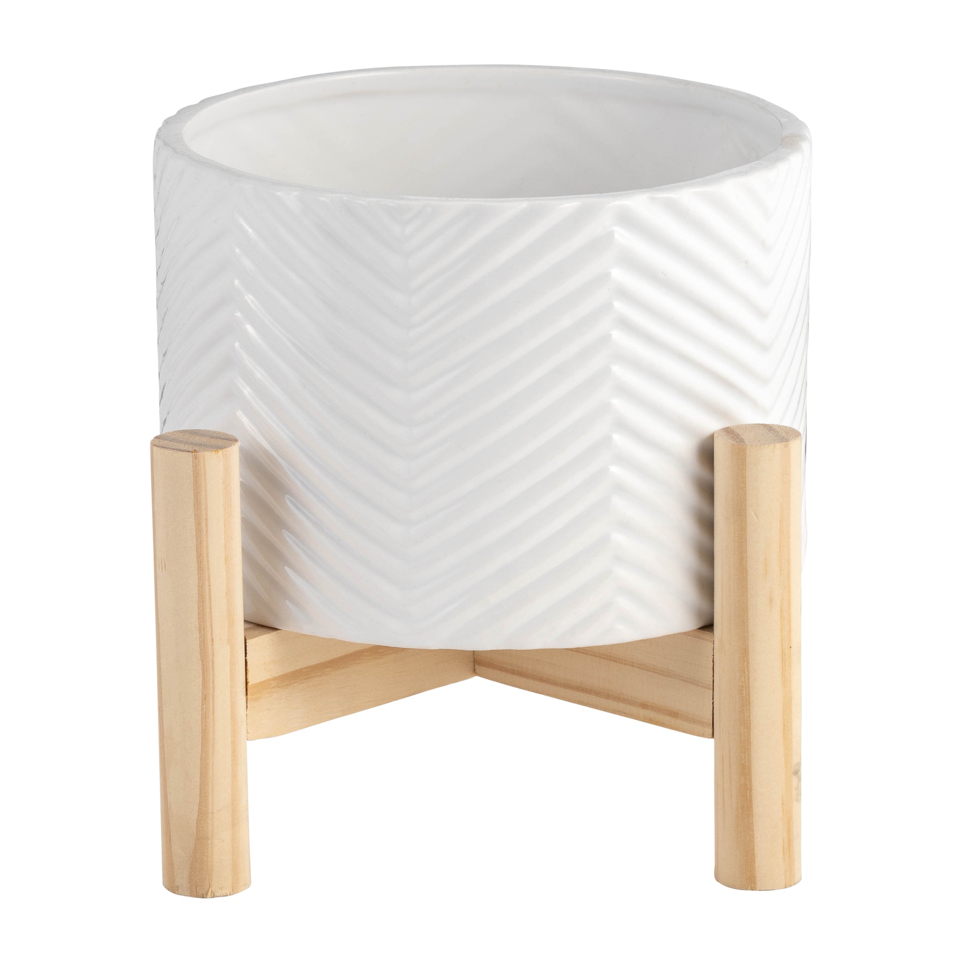 6" Ceramic Chevron Planter W Wood Stand, White White Ceramic