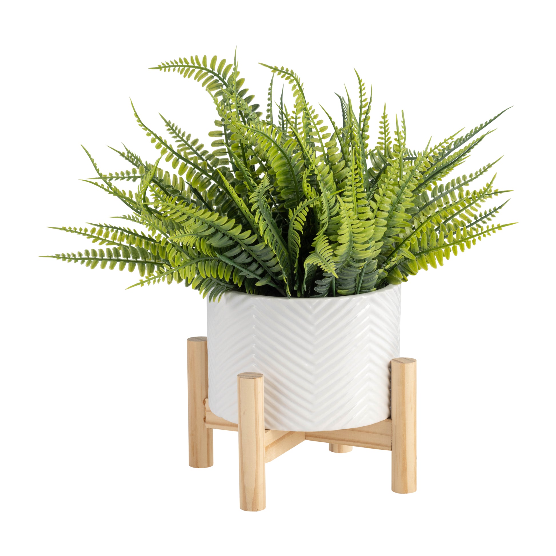 6" Ceramic Chevron Planter W Wood Stand, White White Ceramic