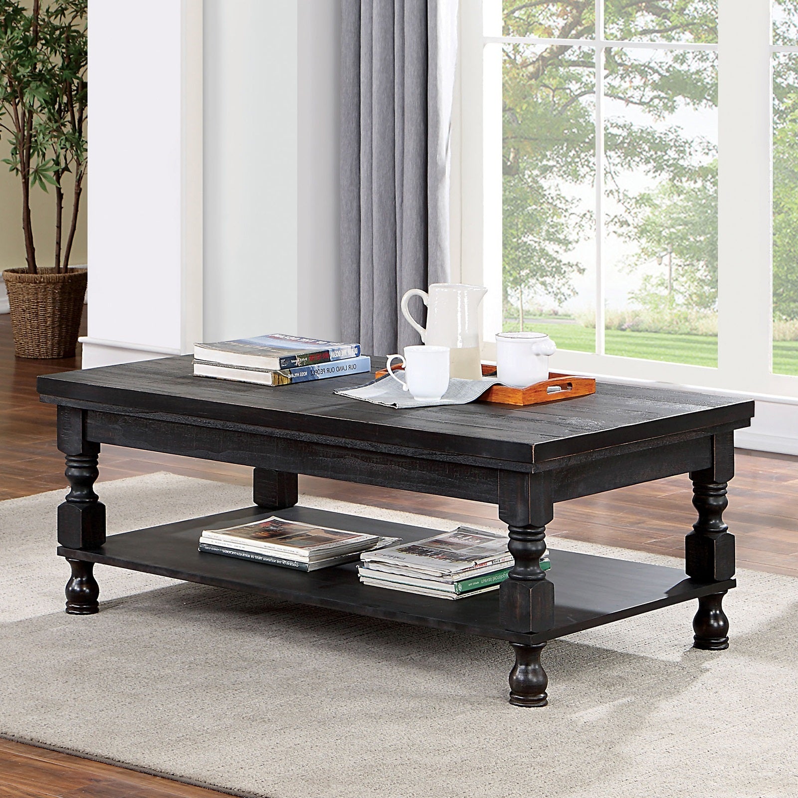 Rustic Style Antique Black 1Pc Coffee Table Open Bottom Shelf Plank Style Table Top Living Room Furniture Antique Black Primary Living Space Classic,Contemporary,Modern,Rustic,Transitional Open Storage Rectangular Coffee & End Tables Solid Wood