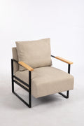 Leather Accent Chair Guest Chair For Living Room, Mid Century Armchair For Bedroom Khaki Linen