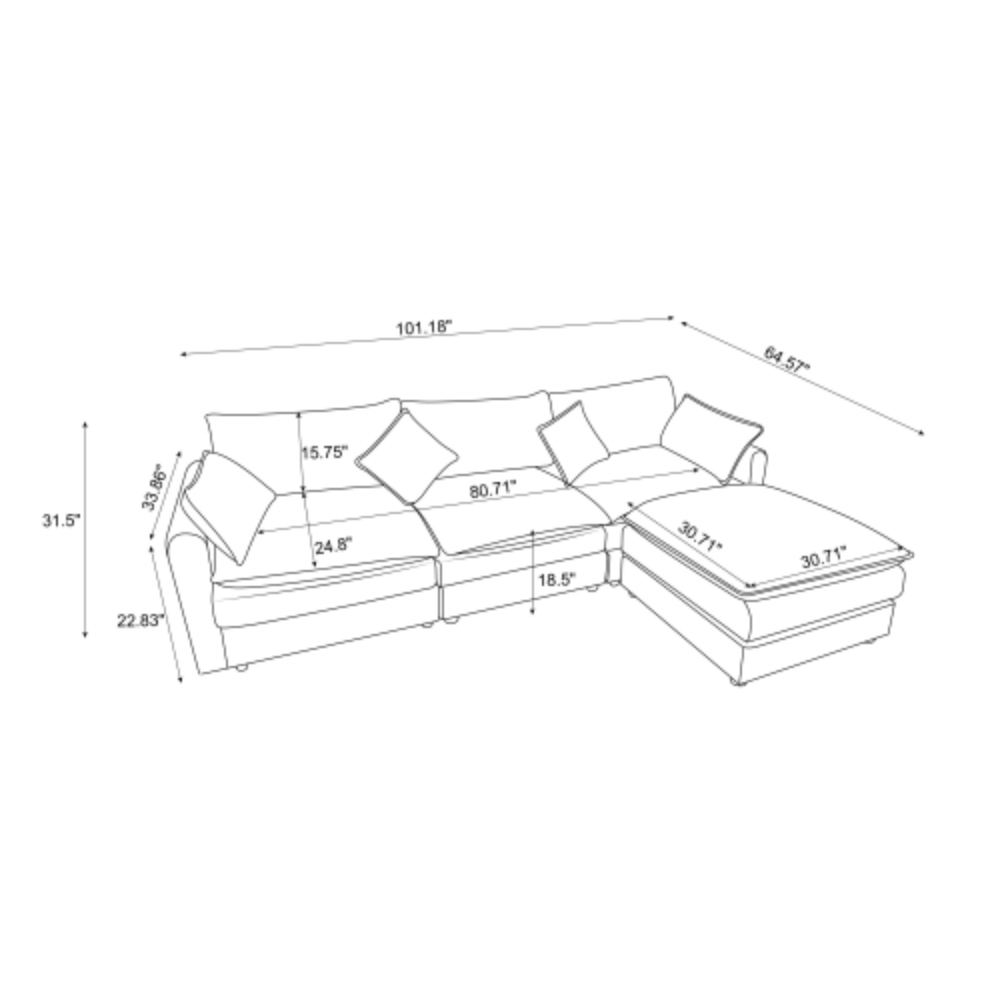 Modular Sectional Sofa, 3 Seater Sofa With Ottoman, Modern L Shaped Sofa For Living Room Bedroom Apartment Grey Chenille 3 Seat