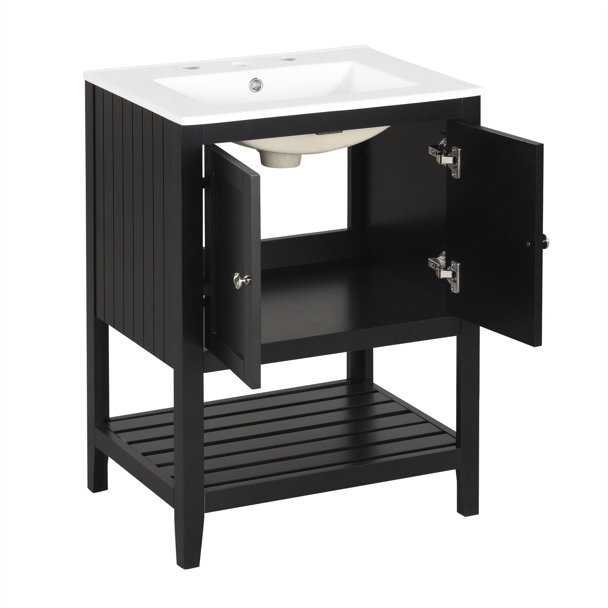 Video 24" Black Modern Sleek Bathroom Vanity Elegant Ceramic Sink With Solid Wood Frame Open Style Shelf Black Solid Wood Mdf