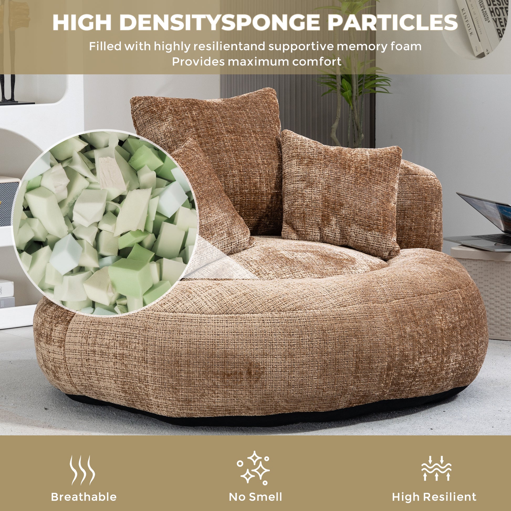 Coolmore Lazy Sofa Durable Comfort Lounger High Back Bean Bag Chair Couch With Three Pillows For Adults And Kids, Indoor & Outdoor, Single Gaming Sofa Chair For Bedroom,Office Coffee Chenille Coffee Foam Chenille 1 Seat