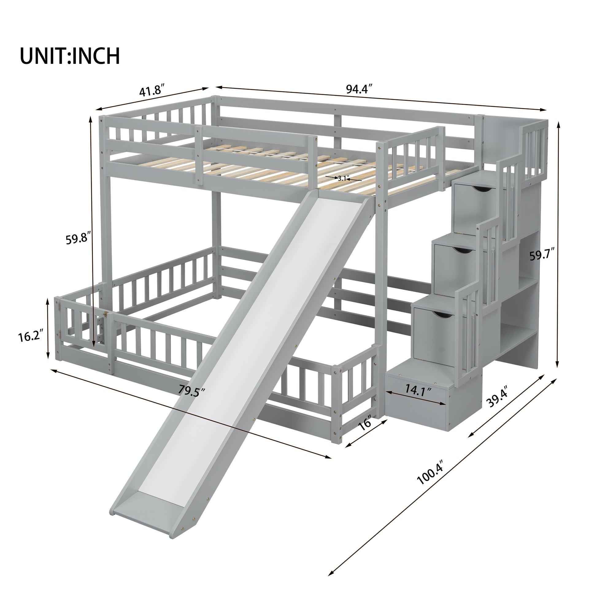 Twin Over Full Bunk Bed With Slide, Storage Staircase, Pine Solid Wooden Bunk Bed With Safety Guardrails ,Grey Grey Pine