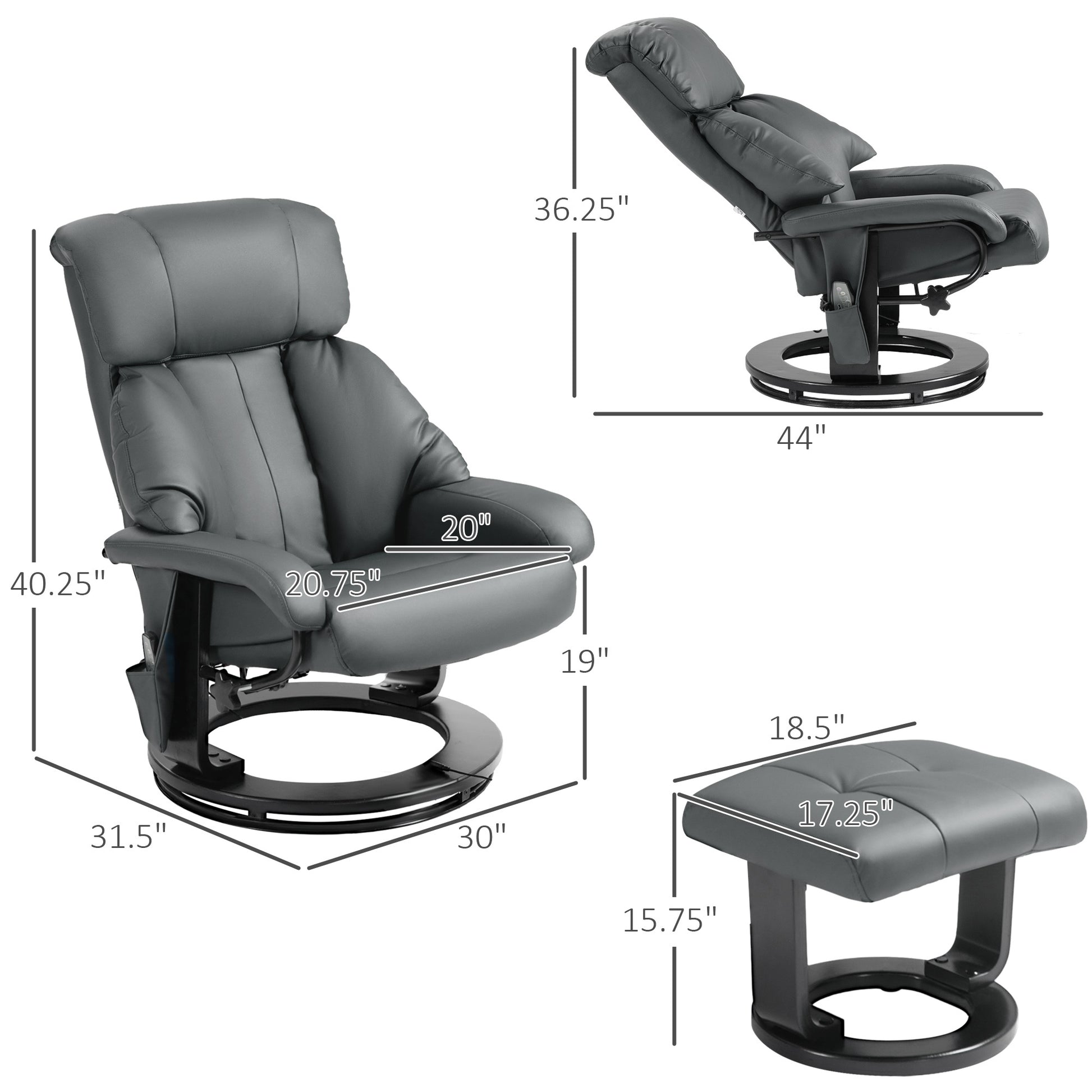 Homcom Massage Recliner Chair With Footstool, 360 Swivel Recliner, Gray Gray Pu Leather