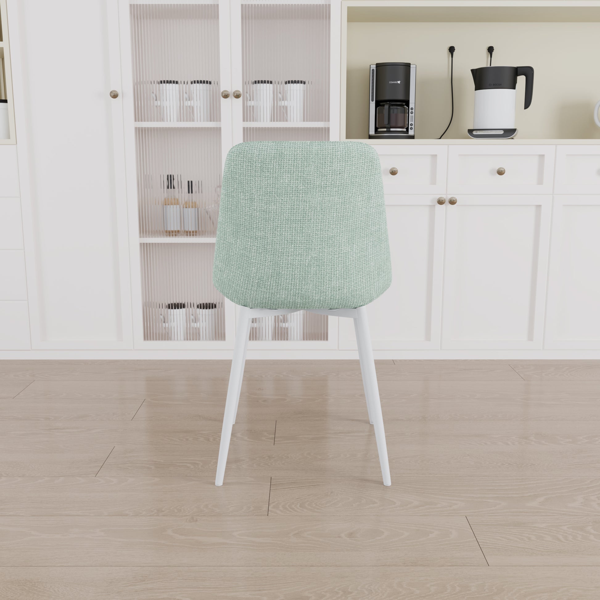 A Set Of 4 Dining Chairs, Modern Kitchen Dining Chairs, Linen Padded Chairs, And Sturdy White Metal Leg Decorated Dining Chairs. Fabric Dining Chair Light Green Green Linen
