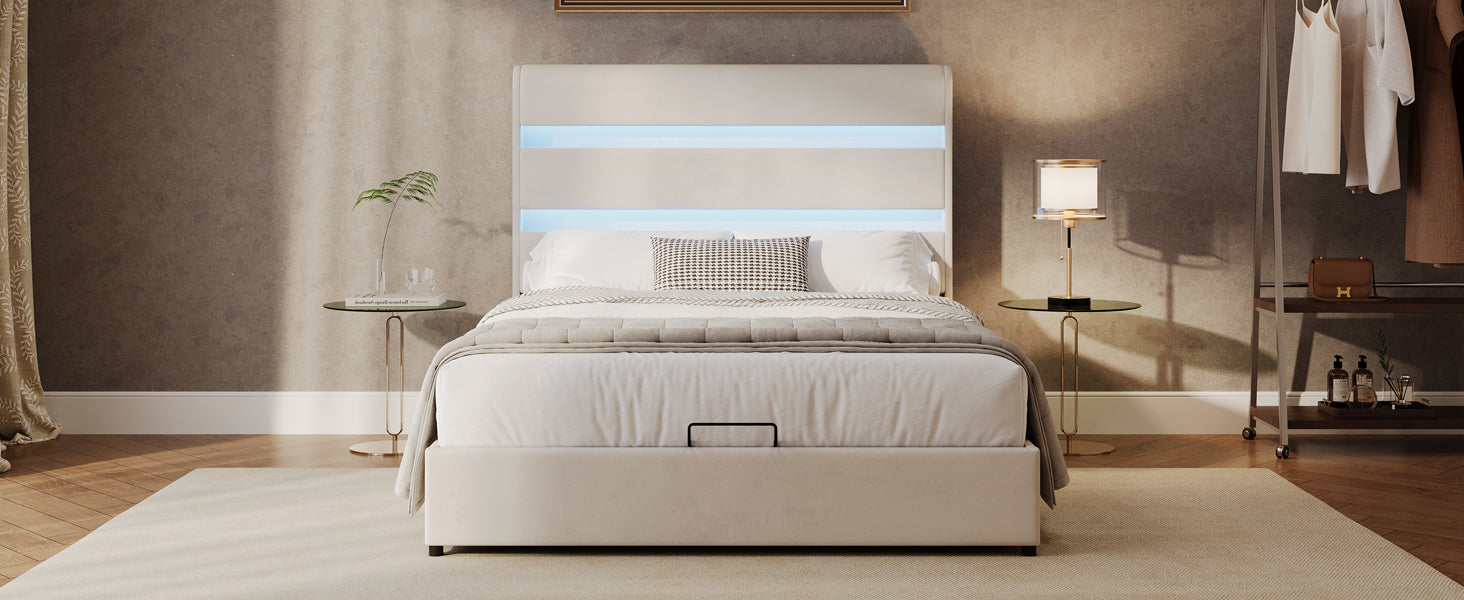 Upholstered Platform Full Size Hydraulic Storage Bed, Lift Up Storage Bed With Rgb Led Light Headboard, No Box Spring Needed,Velvet,Beige Full Beige Velvet Wood Metal