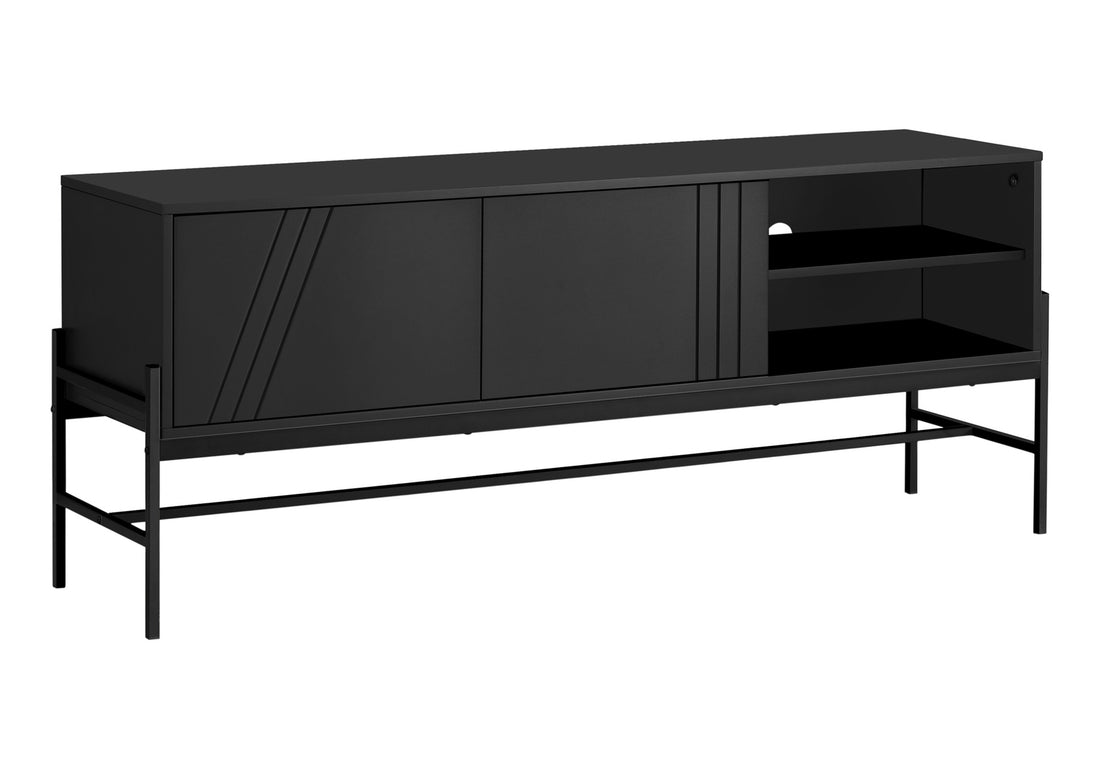 Tv Stand, 60 Inch, Console, Media Entertainment Center, Storage Cabinet, Living Room, Bedroom, Black Laminate, Black Metal, Contemporary, Modern Black 80 89 Inches Particle Board