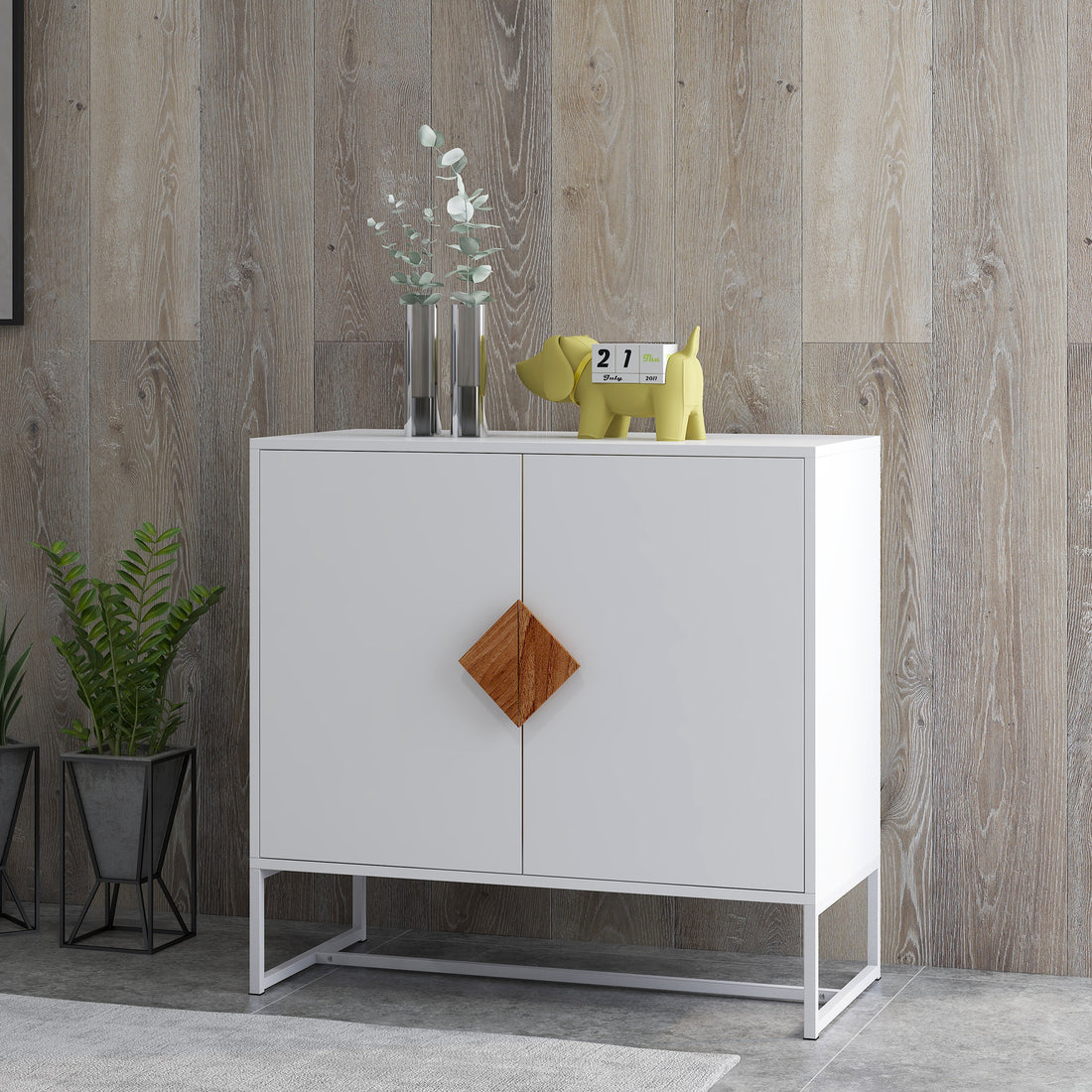 Solid Wood Square Shape Handle 2 Doors Sideboard White Mdf