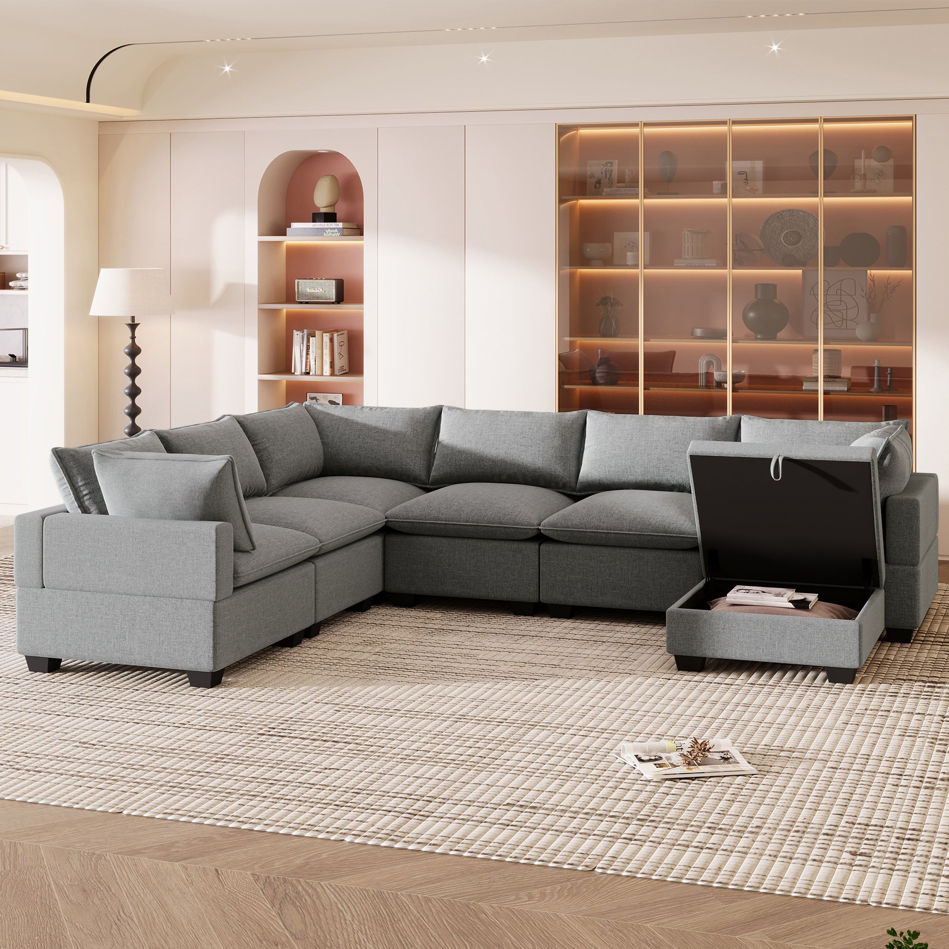 120*93" Modern U Shape Modular Sofa With Storage Ottoman,Luxury 7 Seat Sectional Couch Set With 2 Pillows Included,Freely Combinable Indoor Funiture For Living Room, Apartment Gray Polyester 7 Seat