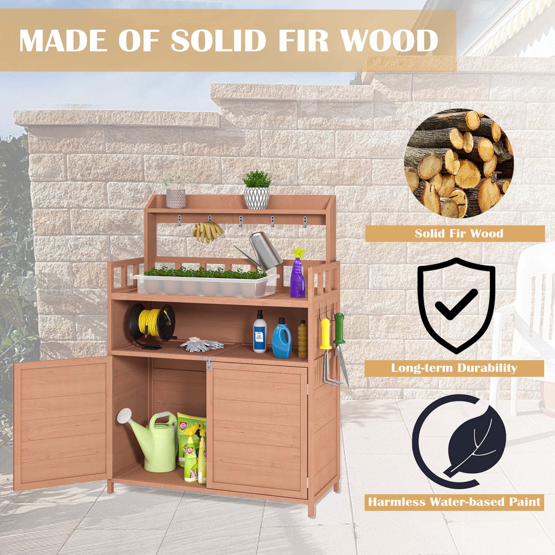 Potting Bench Outdoor Gardening Table For Outside Wood Garden Planting Workstation Work Benches With Large Storage Cabinet & Top Shelf For Patio Brown Weather Resistant Frame Garden & Outdoor Classic Wood
