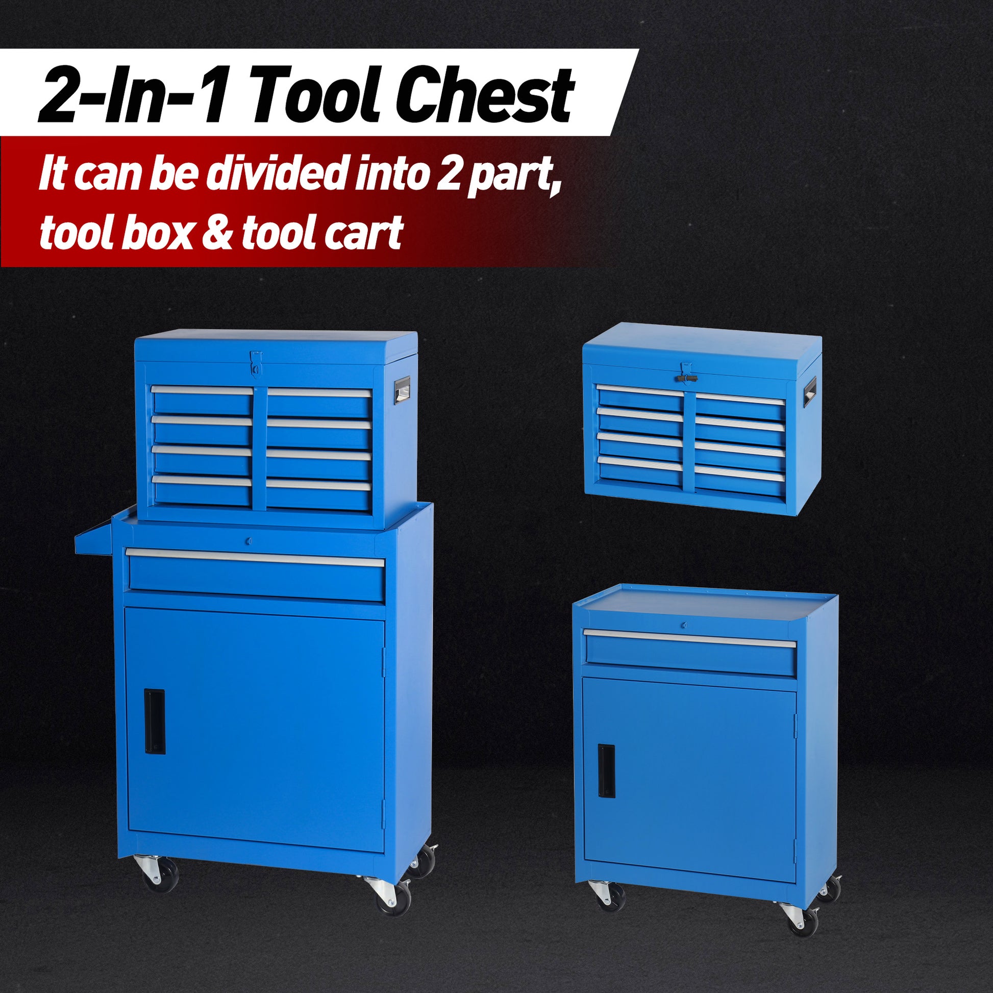 Tool Chest, 5 Drawer Rolling Tool Storage Cabinet With Detachable Top Tool Box, Liner, Universal Lockable Wheels, Adjustable Shelf, Locking Mechanism, Metal Tool Cart For Garage Workshop Blue Steel