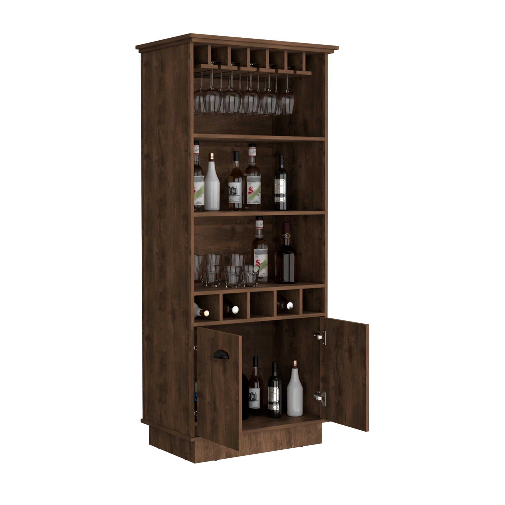 Dundee 70 Inch High 10 Glass Bar Cabinet With 5 Cubbies And 3 Open Shelves And Cabinet Dark Brown Dark Brown Kitchen Modern Particle Board