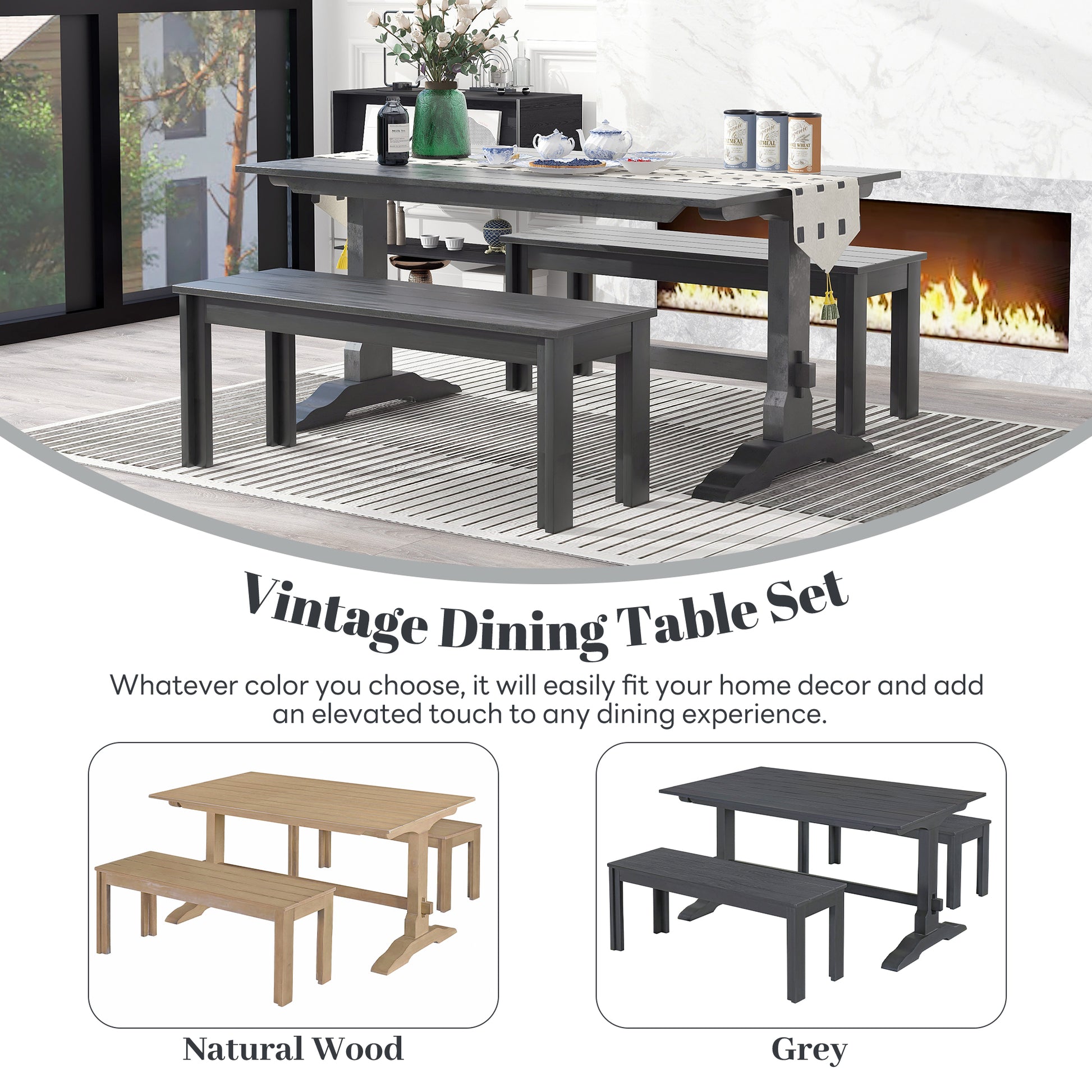 3 Piece Retro Dining Set, Rectangular Trestle Table And 2 Wood Benches For 4 People For Dining Room And Kitchen Grey Grey Solid Wood Mdf