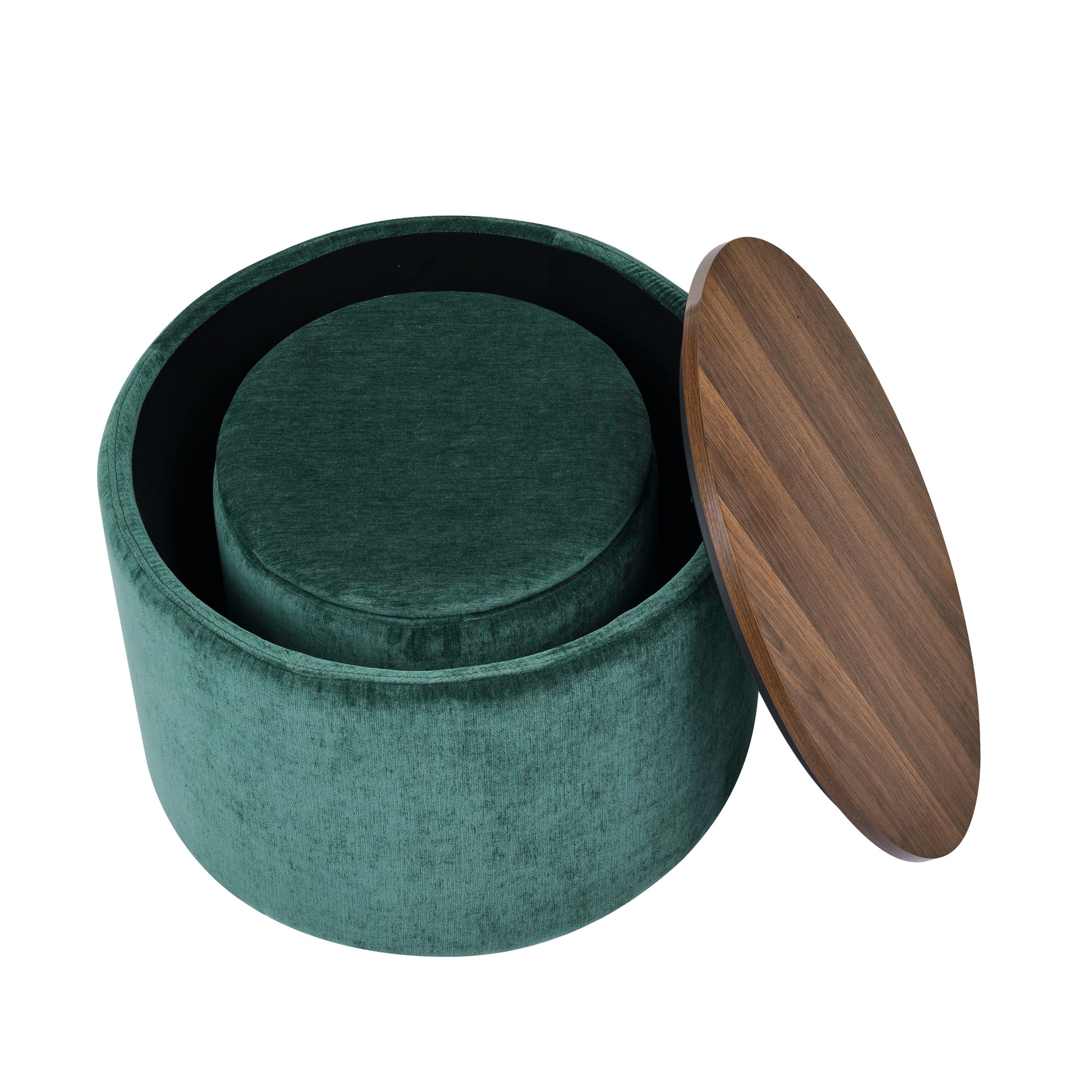 2 Piece Set Round Chenille Storage Ottoman, Equipped With A Drum Shaped Small Stool, Storage Space, And Mdf Made Desktop Panel Dark Green23.62"X23.62"X16.53" Dark Green Chenille