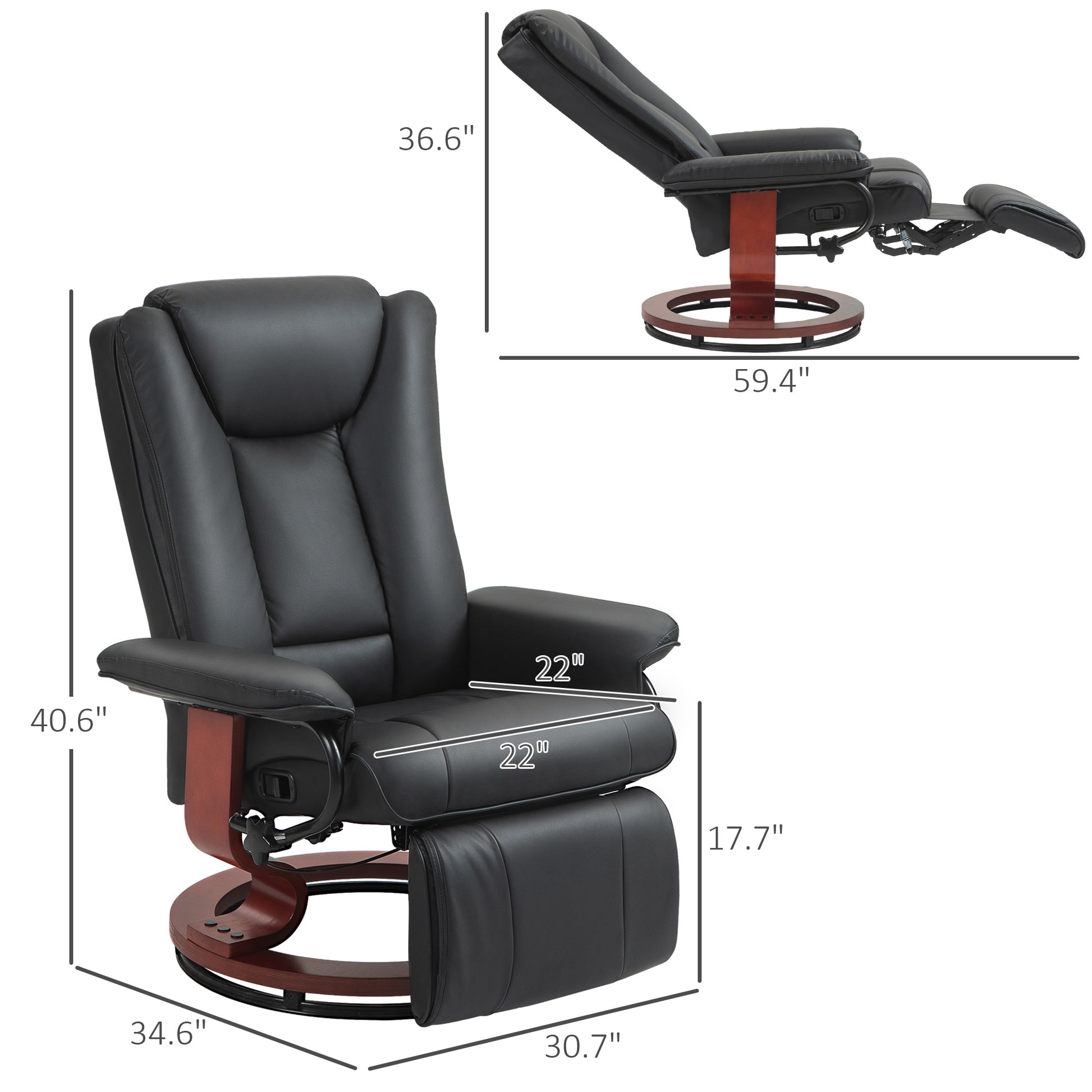 Homcom Manual Swivel Recliner Chair, Pu Leather Reclining Chair With Footrest For Living Room, Black Black Pu Leather