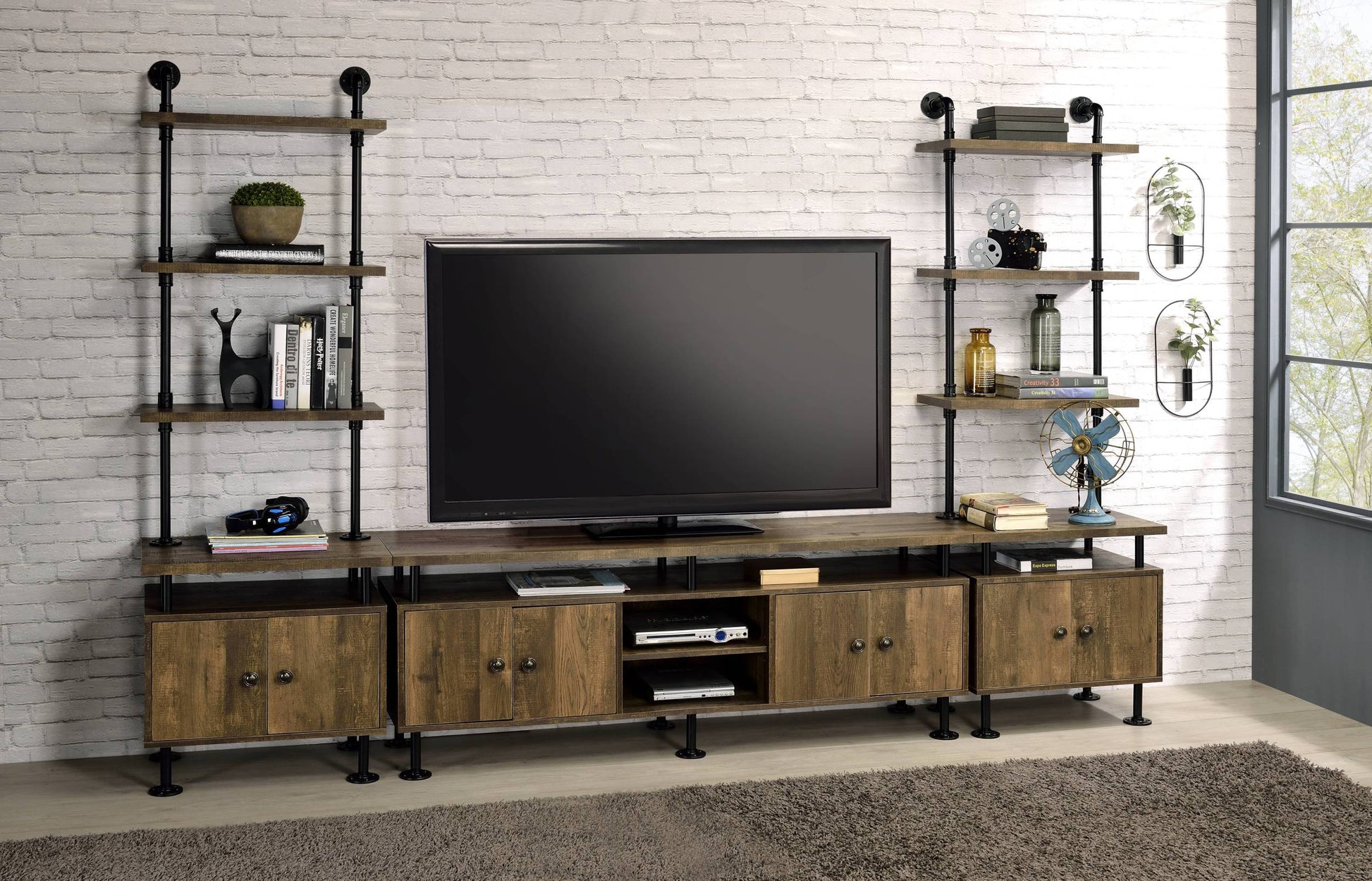 Rustic Oak And Black 2 Shelf Tv Stand Black,Rustic Primary Living Space 60 Inches 60 69 Inches Industrial Wood Metal