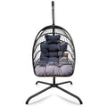 Swing Egg Chair With Stand Indoor Outdoor Wicker Rattan Patio Basket Hanging Chair With C Type Bracketwith Cushion And Pillow,Patio Wicker Folding Hanging Chair Special Construction Cup Holder Black