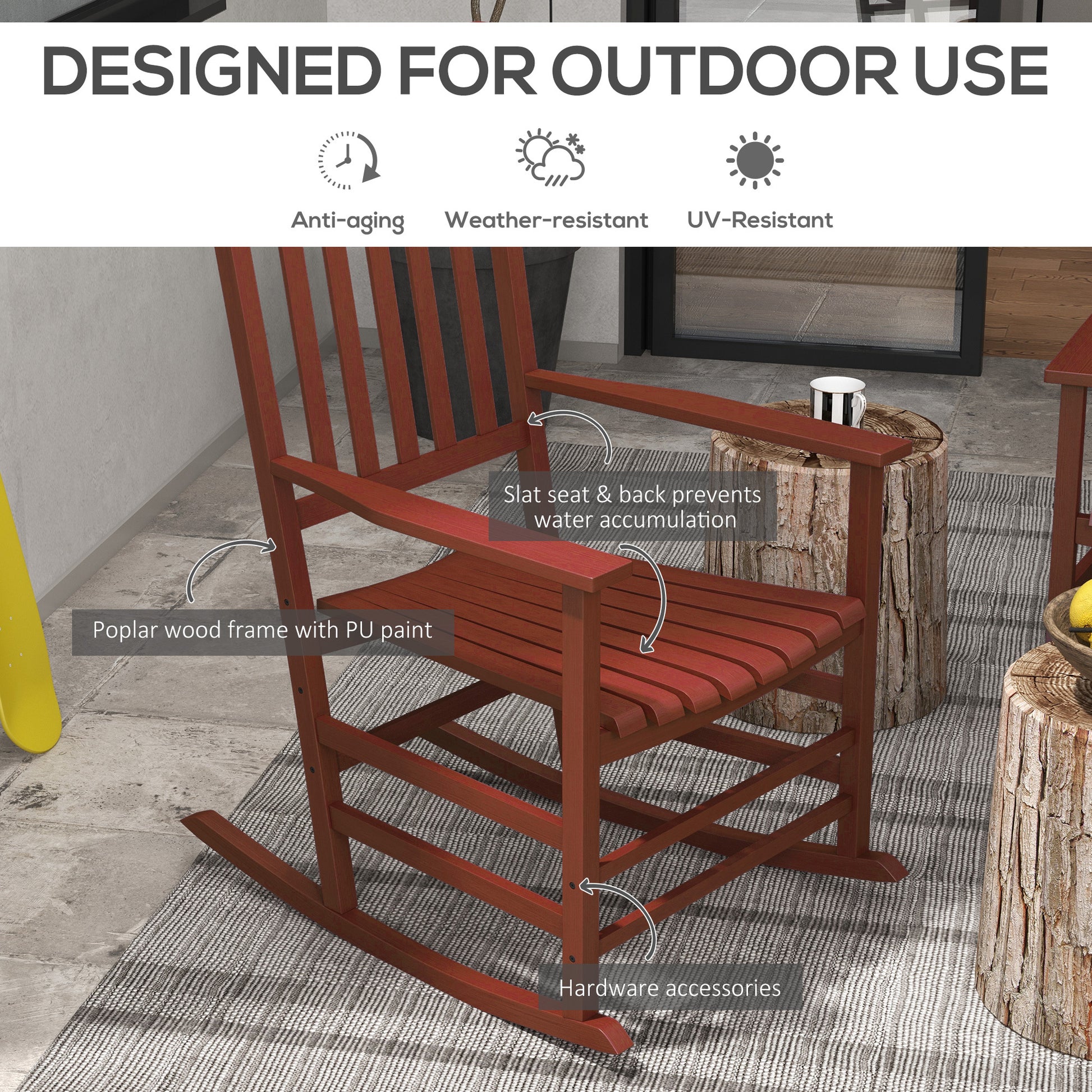 Outsunny Outdoor Rocking Chair Set Of 2, Patio Wooden Rocking Chair With Smooth Armrests, High Back For Garden, Balcony, Porch, Supports Up To 352 Lbs., Wine Red Red Fabric Metal