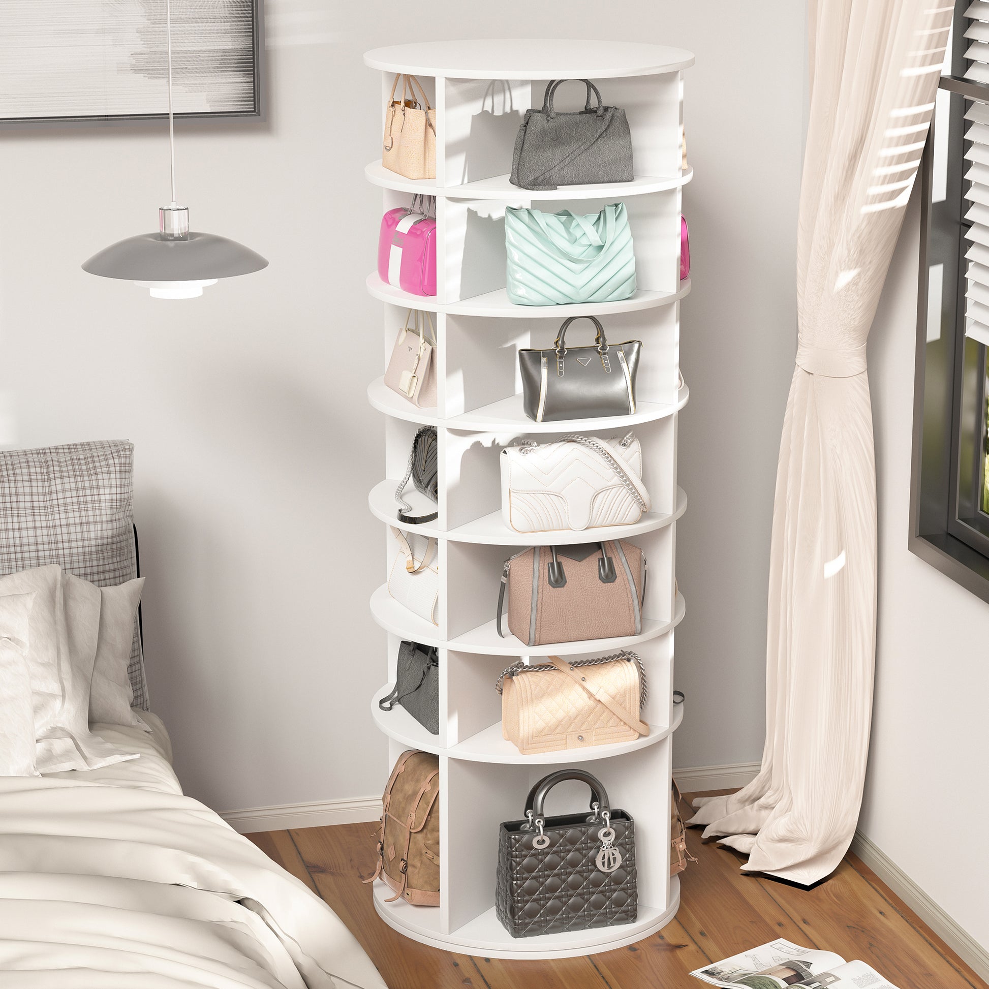 Rotating Shoe Rack Tower, 7 Tier Spinning Shoe Rack, Free Standing 360 Revolving Shoe Organizer, High Bottom Design Shoe Tower Spinning Storage Lazy Susany, Fits 28 Pairs Of Shoes 7 Tier White 7