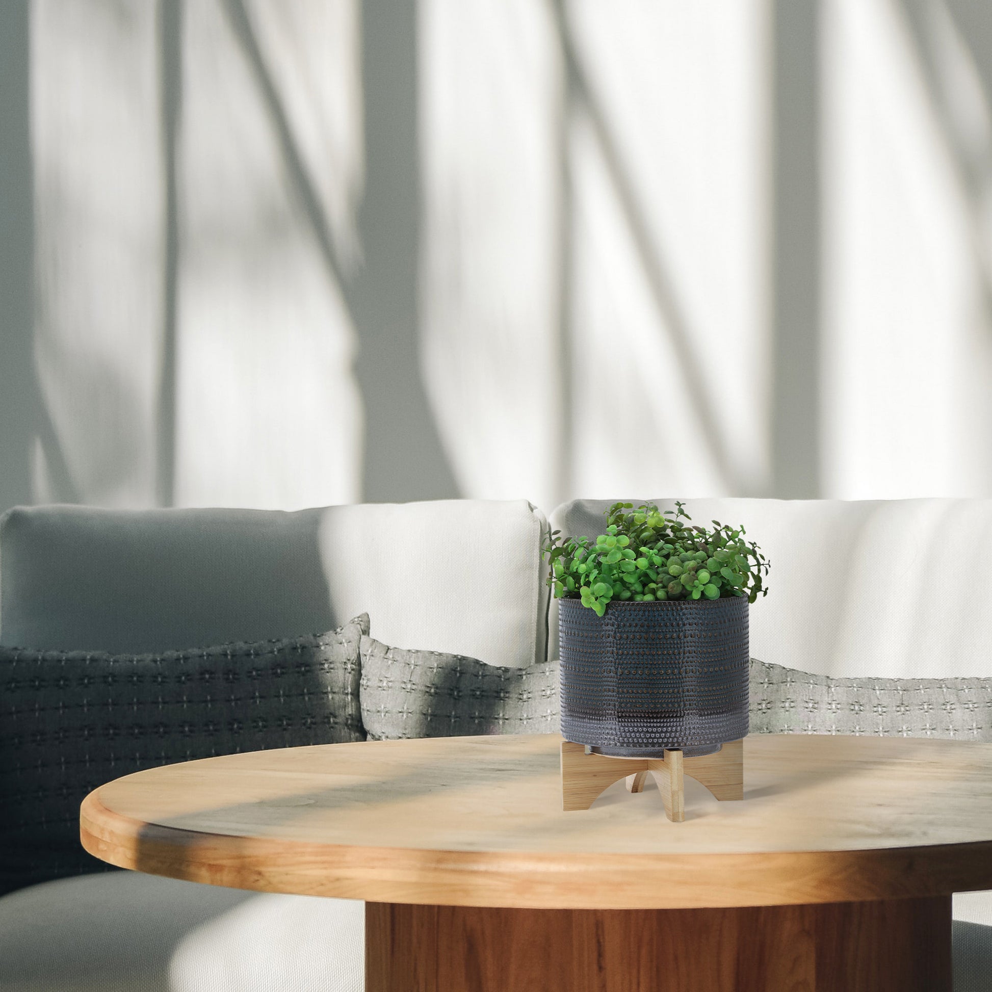 8" Dotted Planter W Wood Stand, Green Green Ceramic