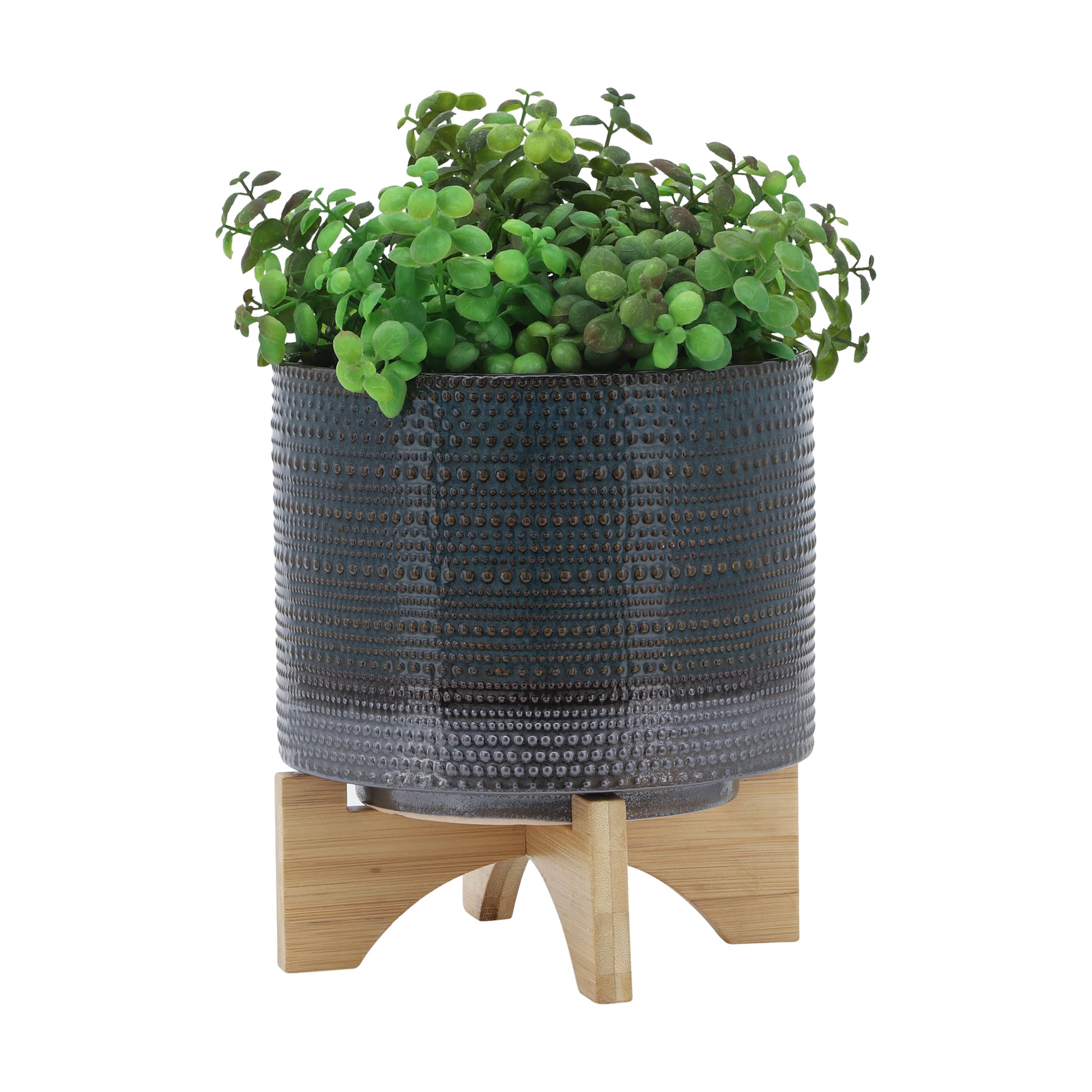 8" Dotted Planter W Wood Stand, Green Green Ceramic