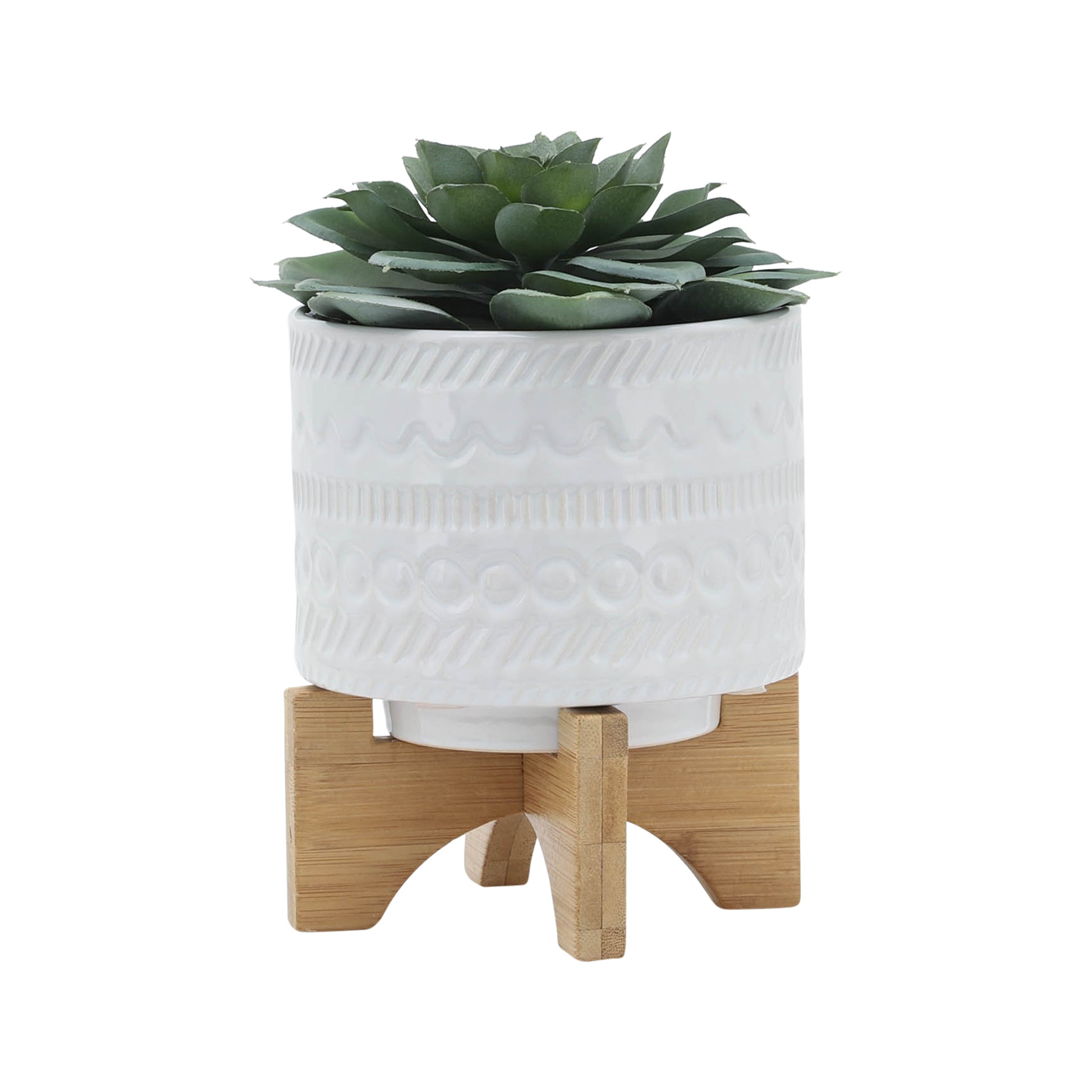 5" Tribal Planter W Wood Stand, White White Ceramic