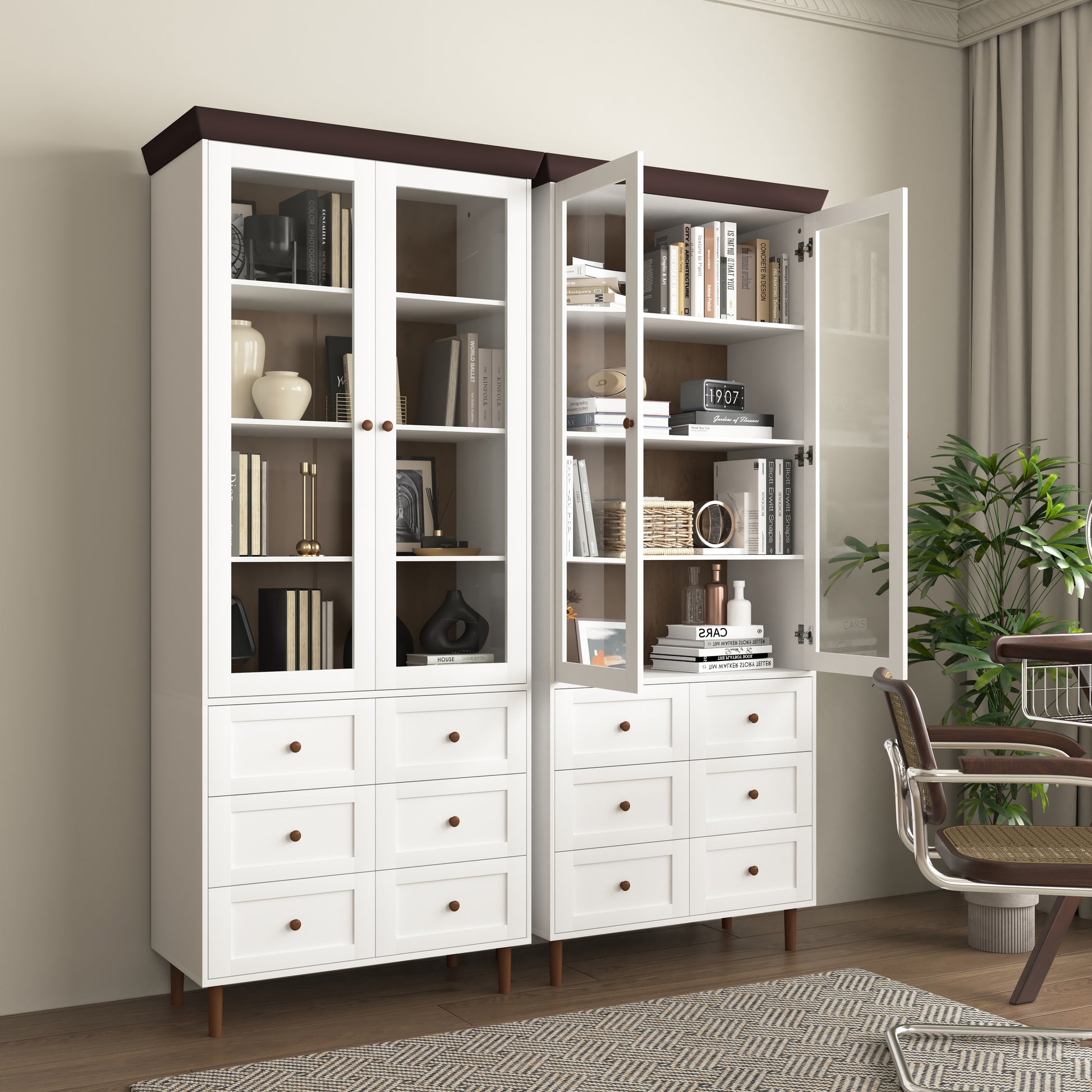 White Mdf Display Storage Cabinet,Tall Kitchen Pantry Cabinets With Glass Doors And Adjustable Shelves,Freestanding Storage Cupboard For Kitchen, Living Room 5 Or More Spaces White Primary Living