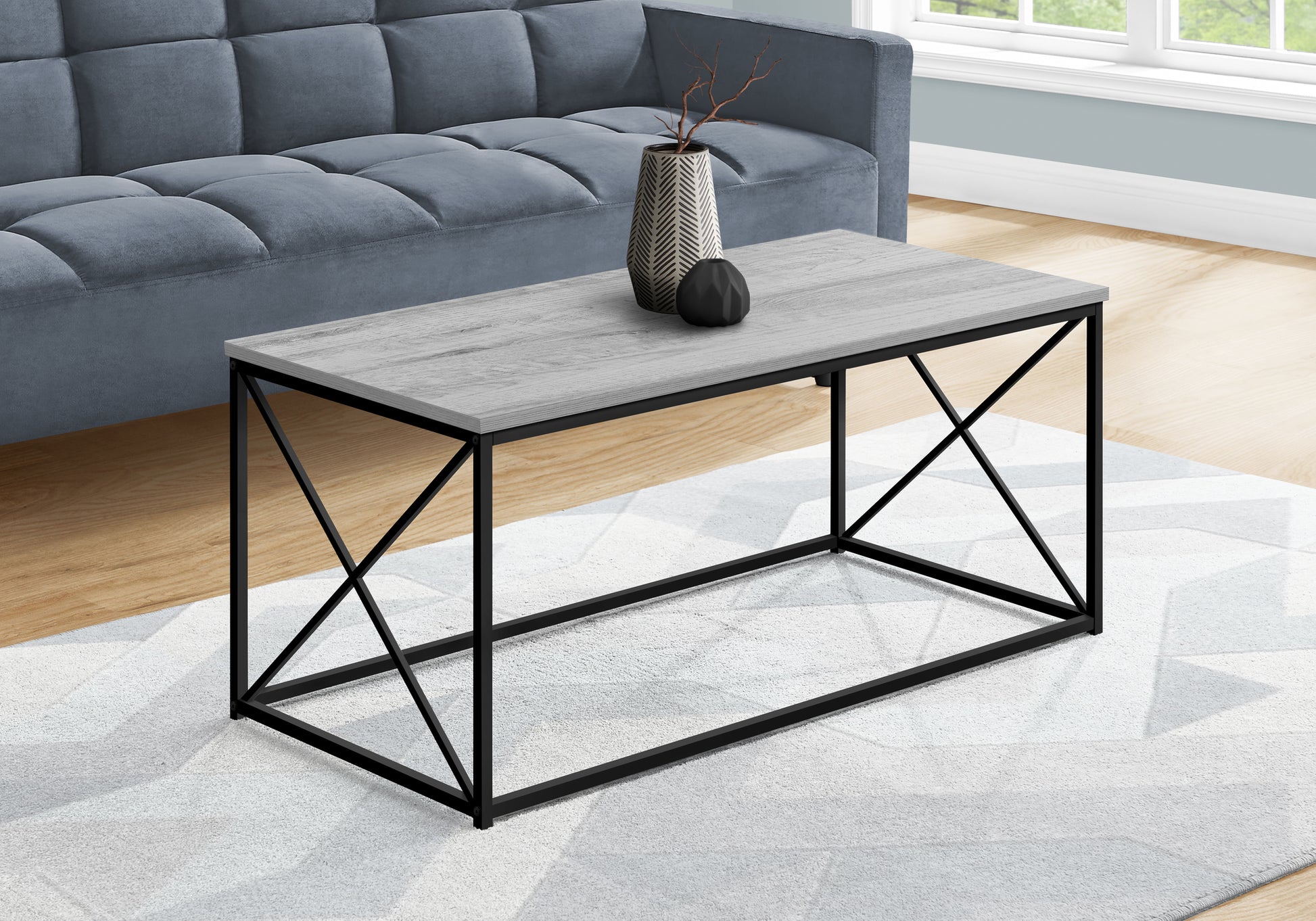 Coffee Table, Accent, Cocktail, Rectangular, Living Room, 40"L, Grey Laminate, Black Metal, Contemporary, Modern Grey Particle Board