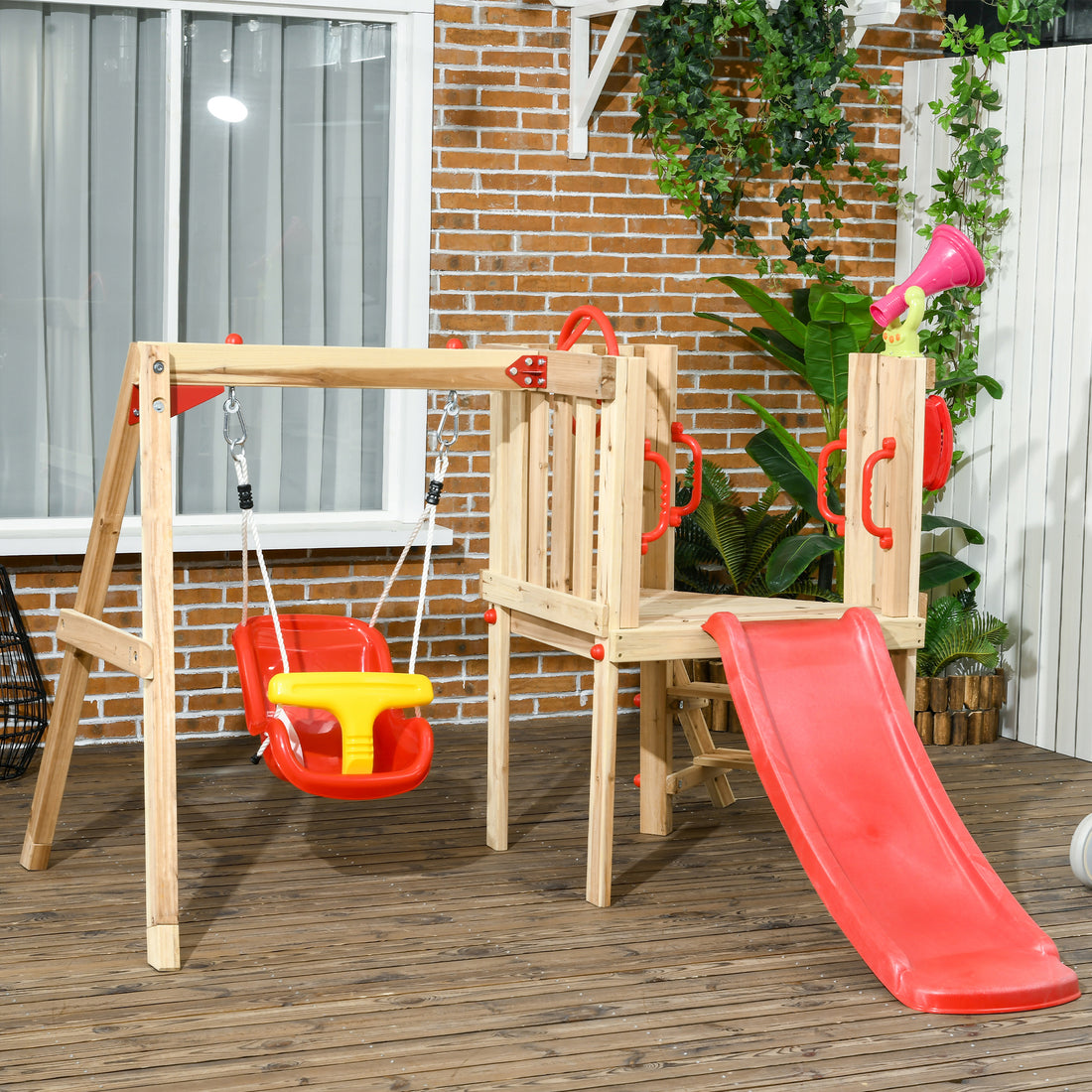 Outsunny 4 In 1 Wooden Swing Set Outdoor Playset With Baby Swing Seat, Toddler Slide, Captain'S Wheel, Horn, Kids Backyard Playground Equipment, Ages 1.5 4 Red Wood