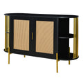 2 Door Elegant Curved Dining Cabinet With Gold Trim And Woven Rattan Doors For Dining Room Black Black Particle Board