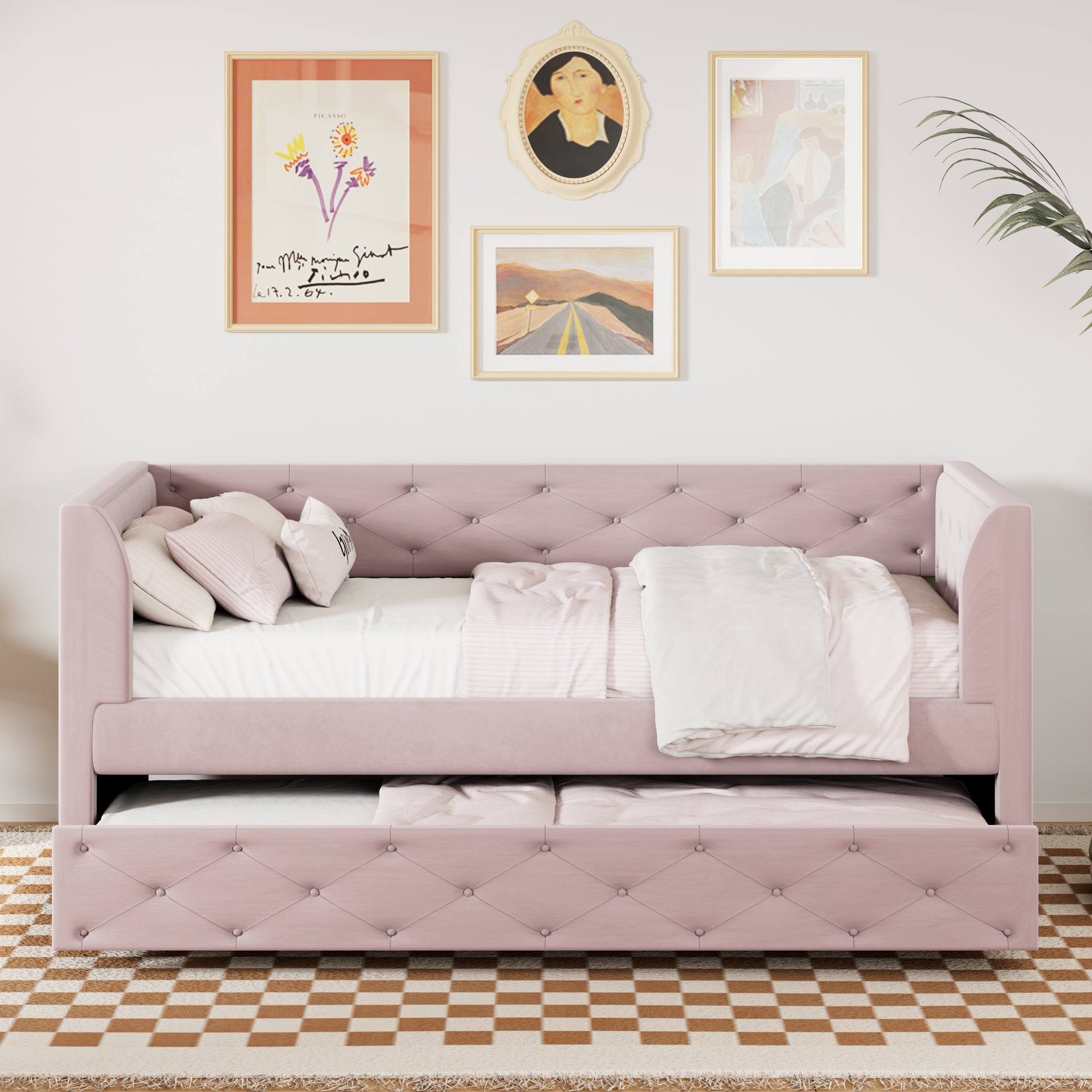 Twin Size Upholstered Velvet Tufted Daybed With Trundle, Pink Box Spring Not Required Twin Pink Wood Daybeds Velvet Solid Wood Mdf,Velvet