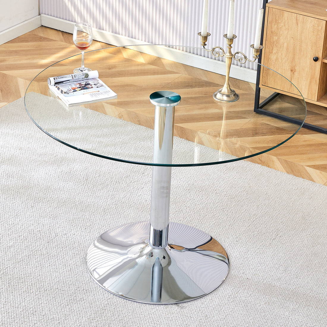 A Glass Tabletop With A Diameter Of 39.7 Inches And A Modern Minimalist Circular Dining Table With Electroplated Silver Metal Legs. Suitable For Restaurants, Living Rooms, And Conference Rooms.Dt